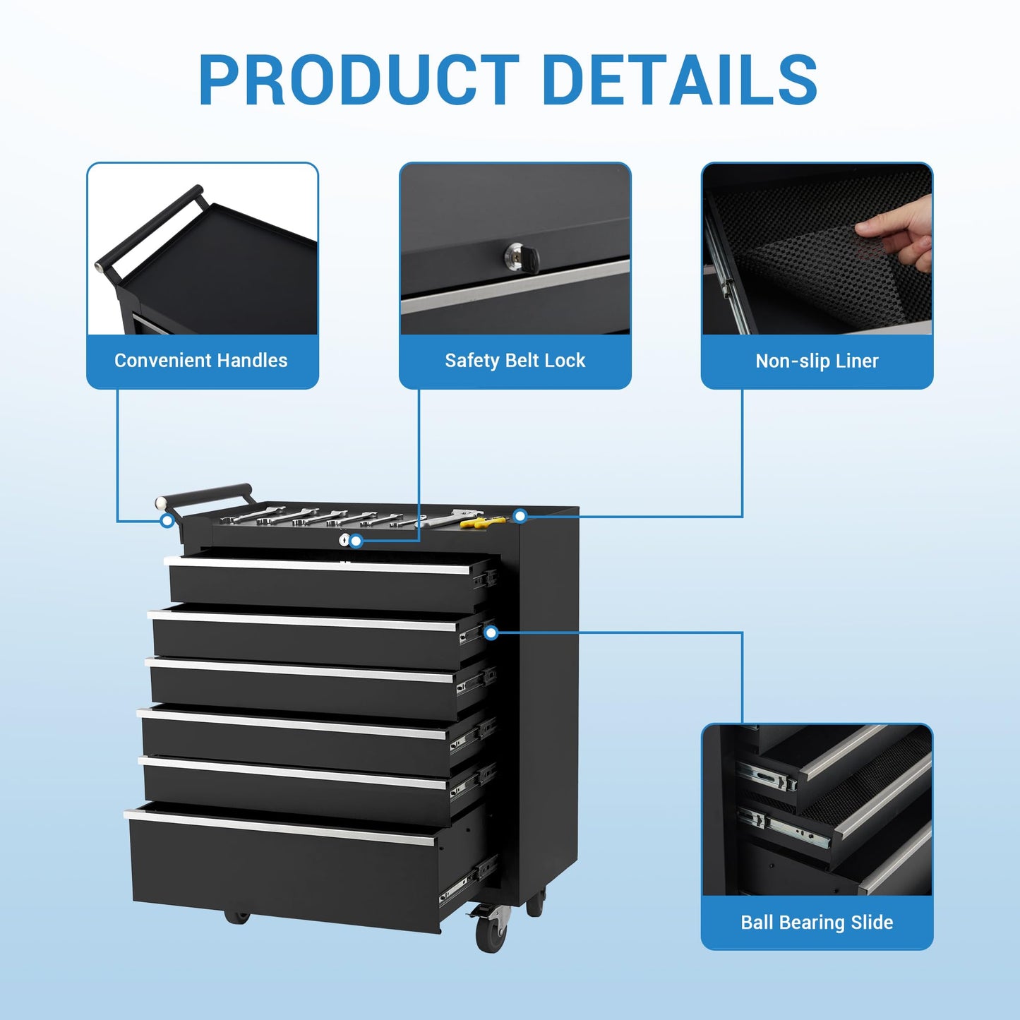 GarveeHome 6-Drawer Tool Chest, Rolling Tool Box with Wheels and Lock System, Portable Storage Rolling Tool Chest for Warehouse, Workshop & Repair Shop, Black