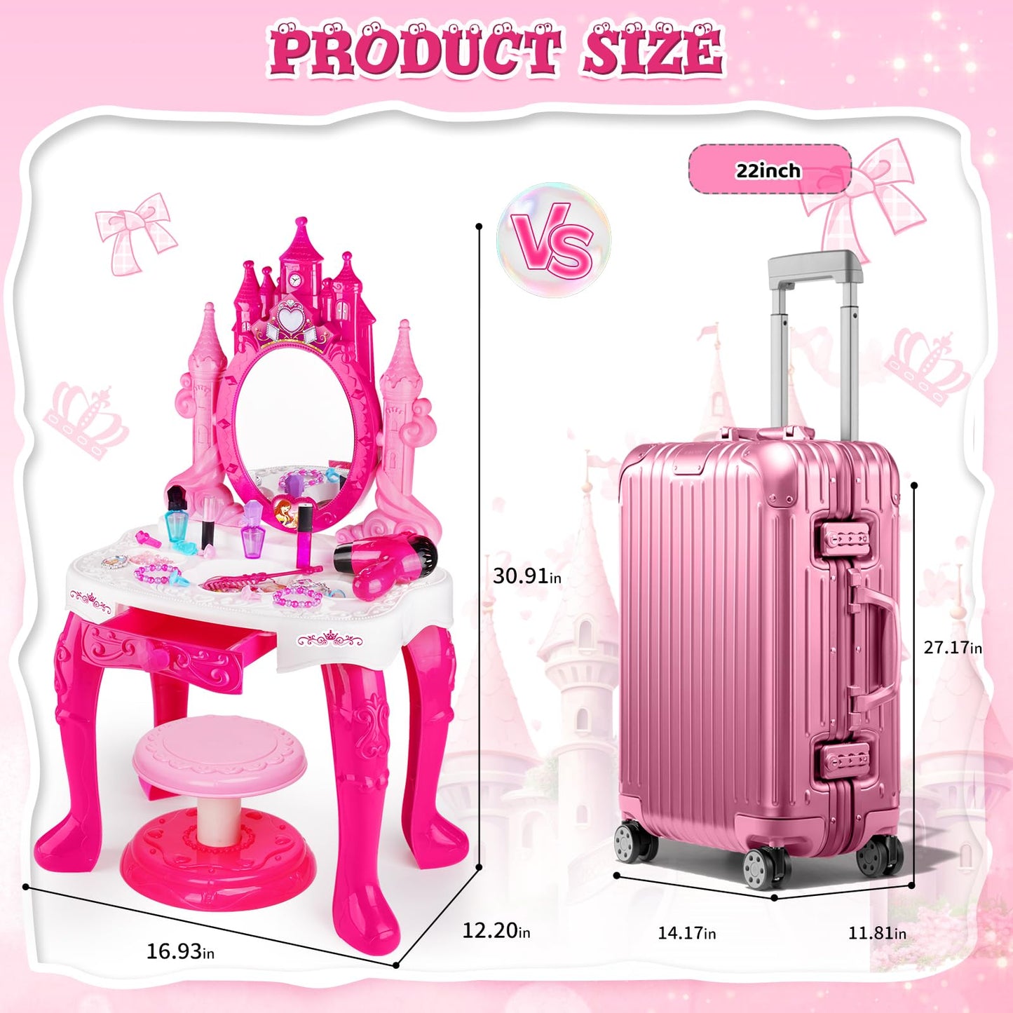 Easface Kids Vanity for Girls, Toddler Makeup Vanity Table and Chair Set Set Toys with Music Light, Pretend Play Princess Dress Up Playset Gift for Toddler Girls 3 4 5 6 Years Old