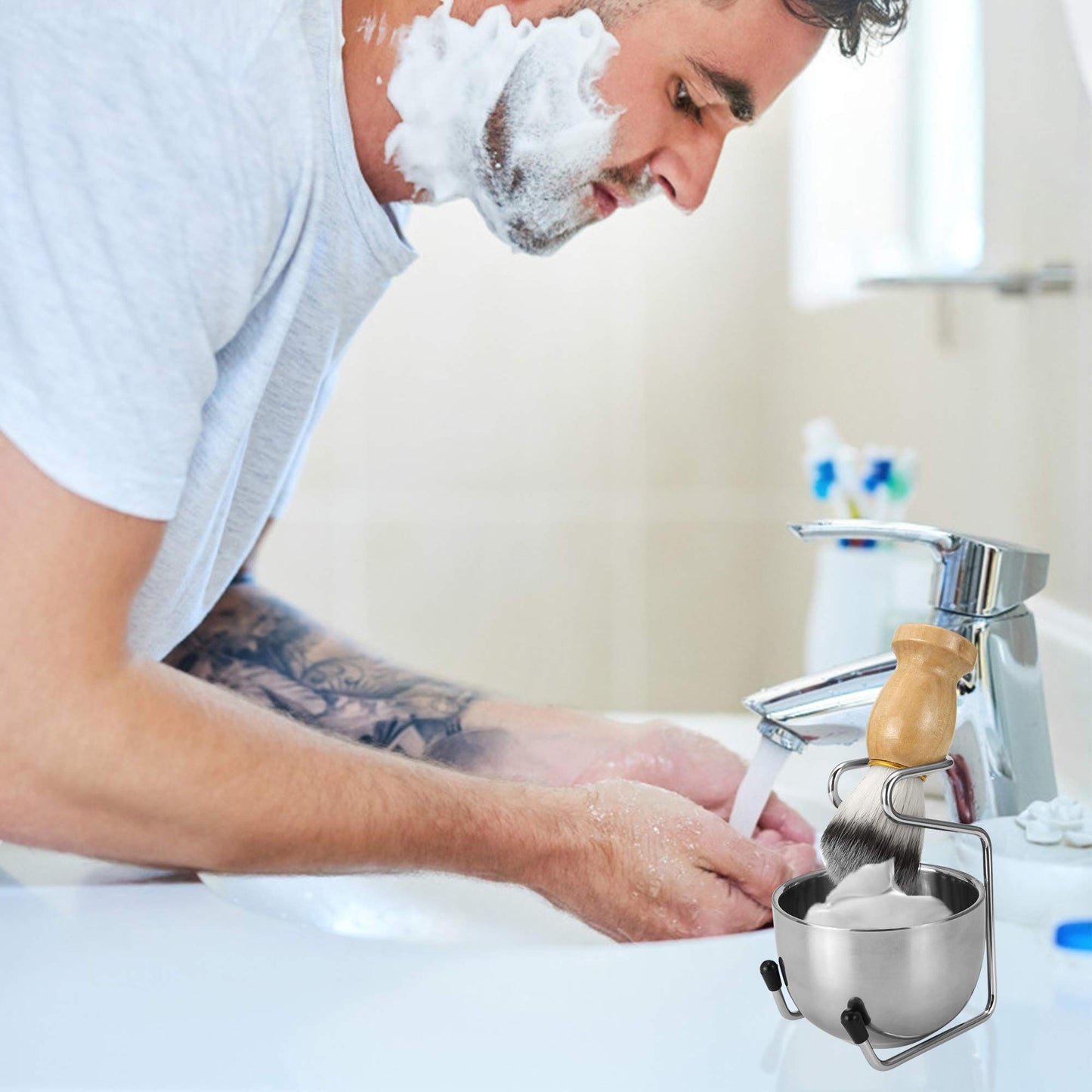 Aethland Mens Shaving Brush Set, Include 100g Shaving Soap, Soft Hair Shaving Brush Stand Stainless Steel with Bowl Kit for Men Gift Set