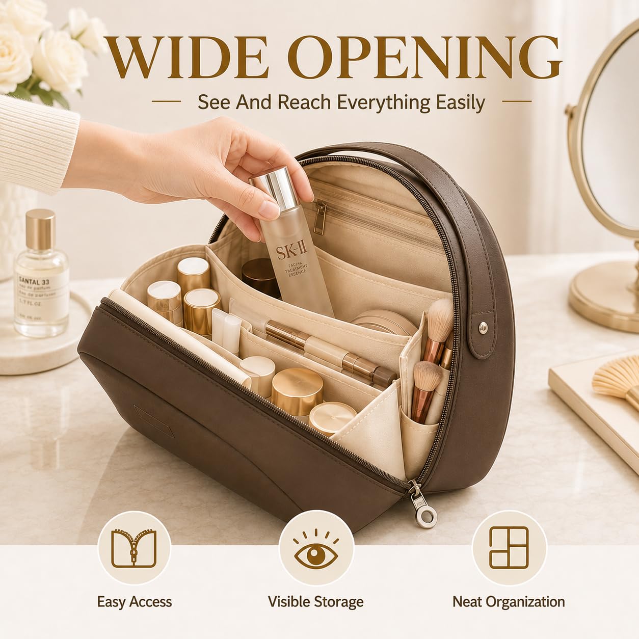 YDR Travel Makeup Bag for Women, Large Capacity PU Leather Cosmetic Bag, Semi-Circular Makeup Organizer Pouch, Water-Resistant Toiletry Bag with Zipper, Portable Cosmetic Case for Travel