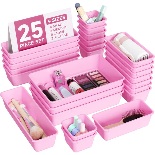BiuLeon 25 PCS Plastic Drawer Organizers Set, 4-Sizes Vanity and Makeup Organizer, Desk and bathroom Drawer Organizer Trays, Organizers and Storage for Makeup, Jewelry, Gadgets, Utensils(Light Purple)