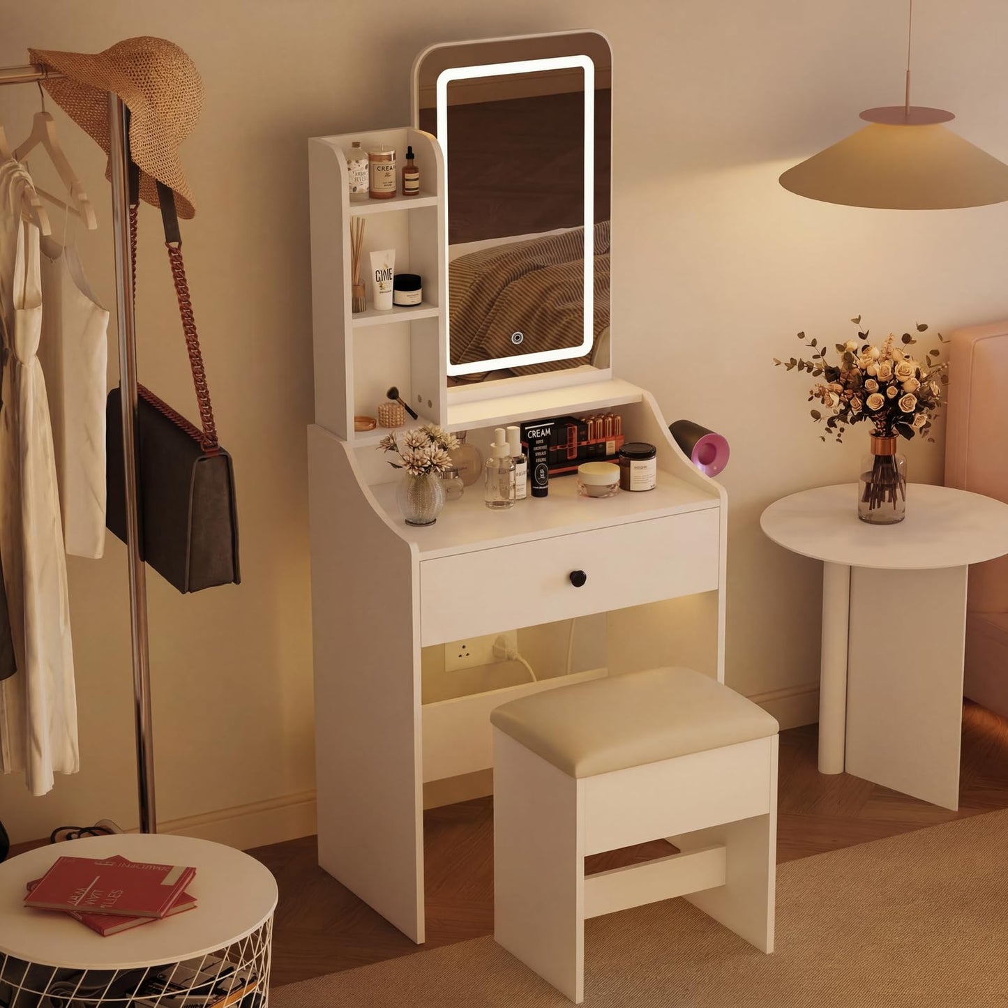 HAPPYMONT Small Vanity Desk with LED Light Mirror and Storage Bench, White