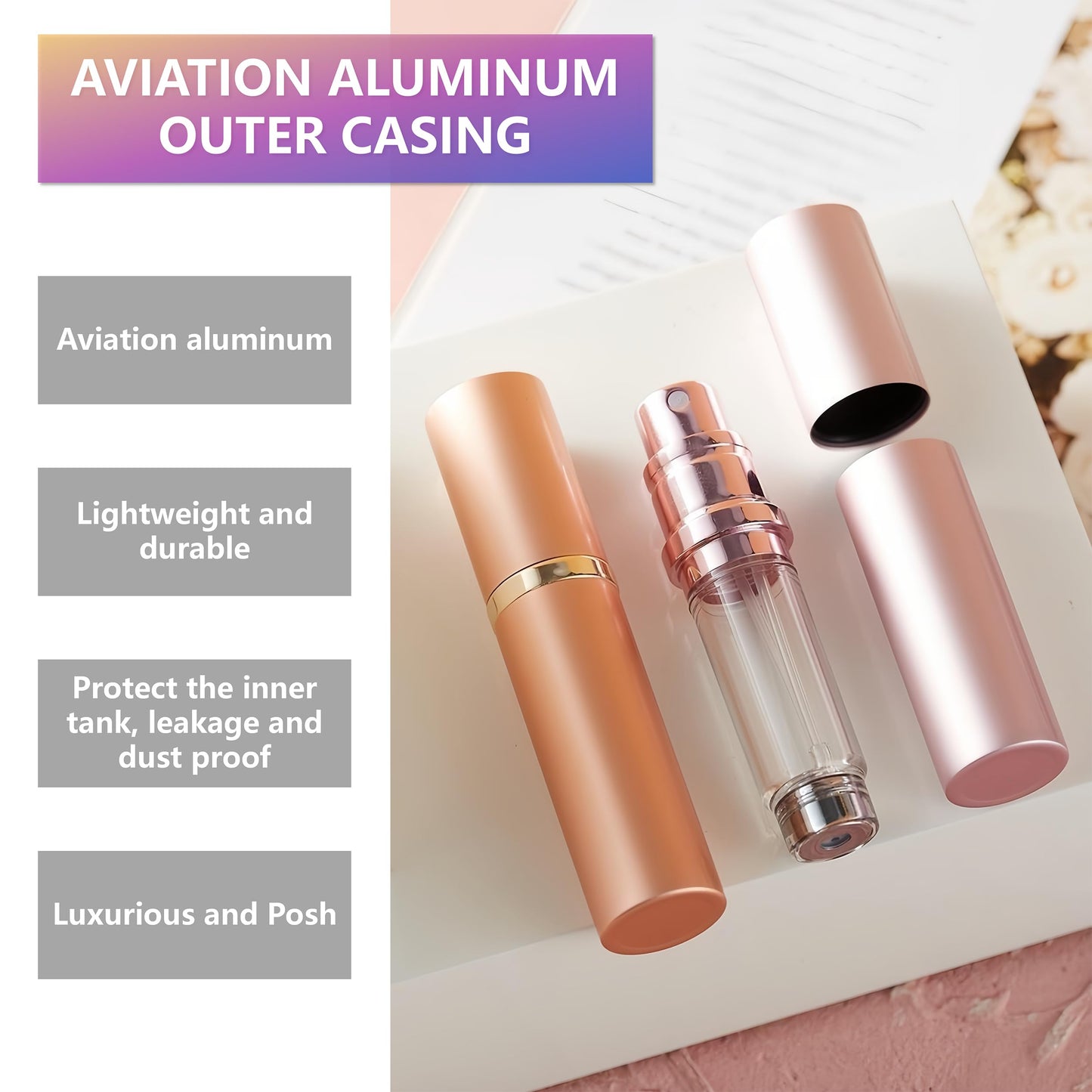 Fiwecos Perfume Travel Refillable Bottle Portable Atomizer Spray Bottle Fragrance Scent Pump Fill from Bottom Mini Pocket Size 5ml for Traveling and Outing (Rose gold + Pink)