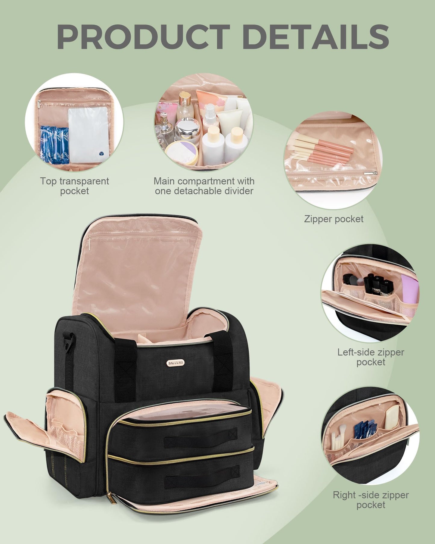 BALULHG Large Travel Makeup Bag with 2 Removable Cases, Cosmetic Bag with Multiple Storage Sections, with Multiple Storage Sections,Double Layer Big Travel Make Up Organizer Case,Travel Toiletry Bag