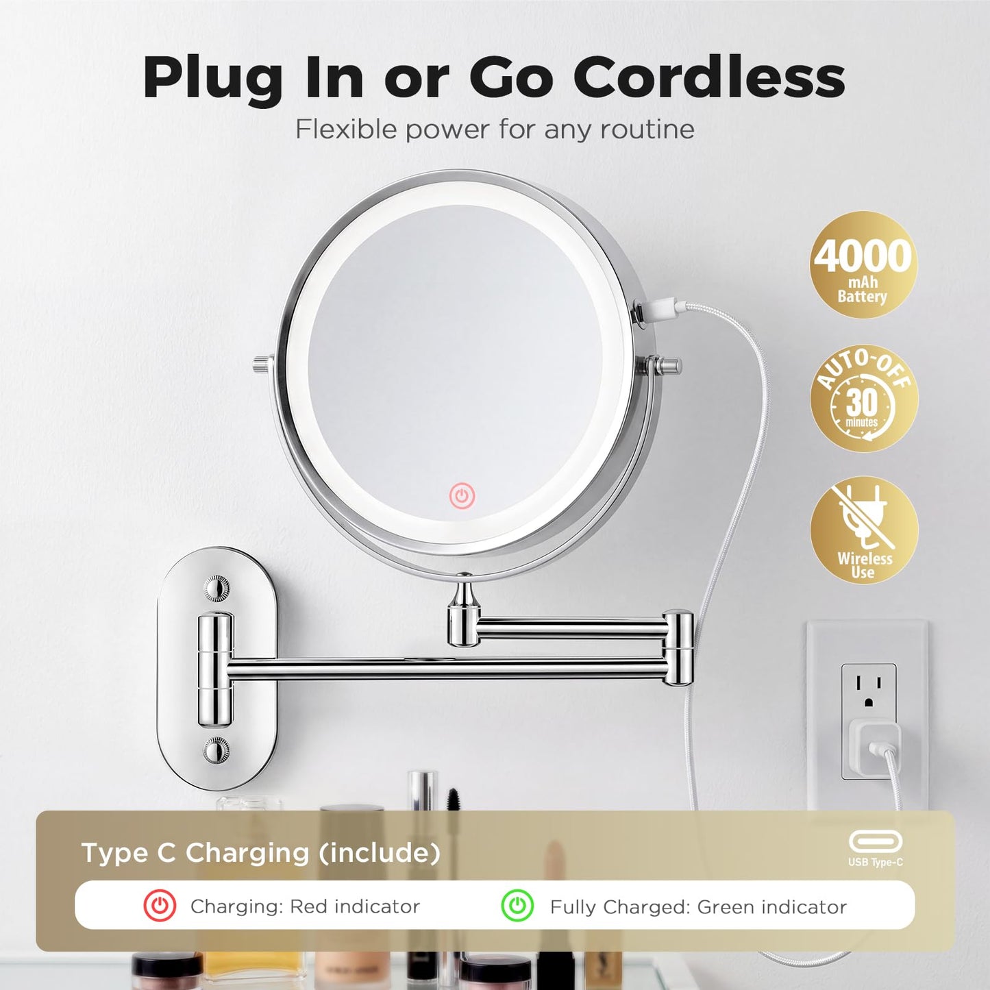 tubbede Wall Mounted Makeup Mirror with Light, 8 Inch 1X/30X Magnifying Mirror, Rechargeable 4000mAh, Double Sided, Extendable Arm, 360° Swivel Bathroom Mirror