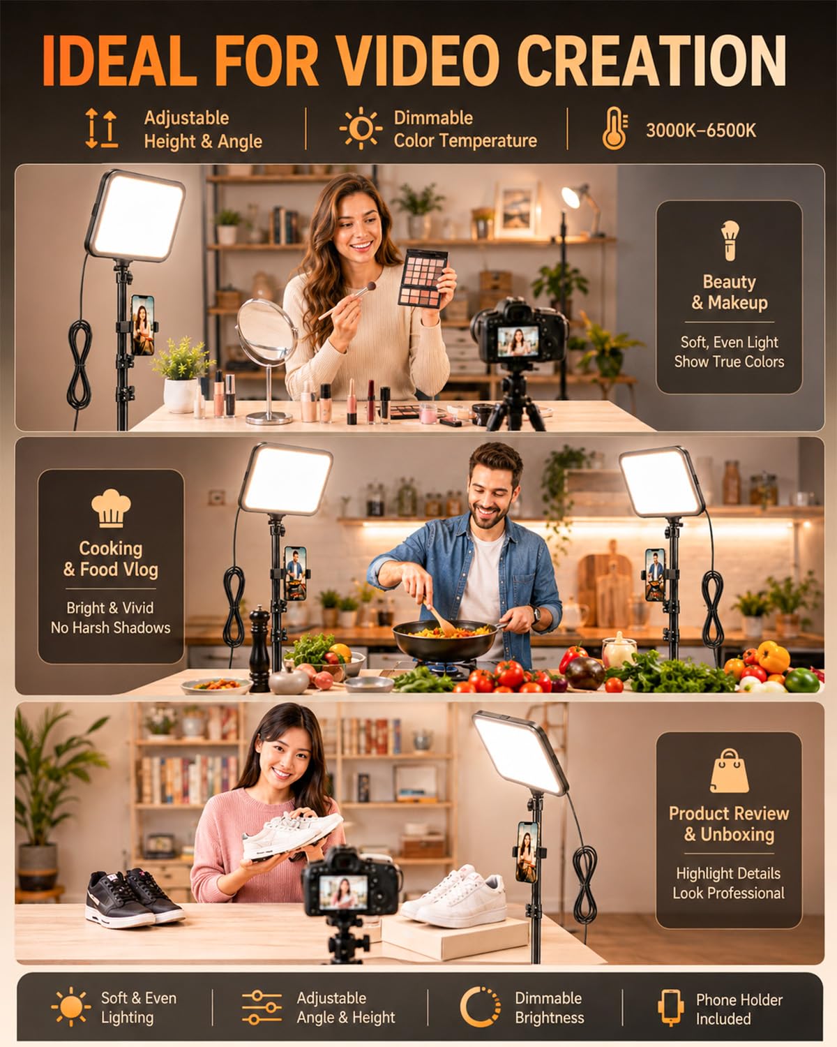 Torjim 12 Inch Video Light Kit for Creators, 30W High Brightness Studio Lights with Tripod Stand & Phone Holder, 3000-6500K Adjustable Photography Lighting for Clearer YouTube Streaming Home Studio