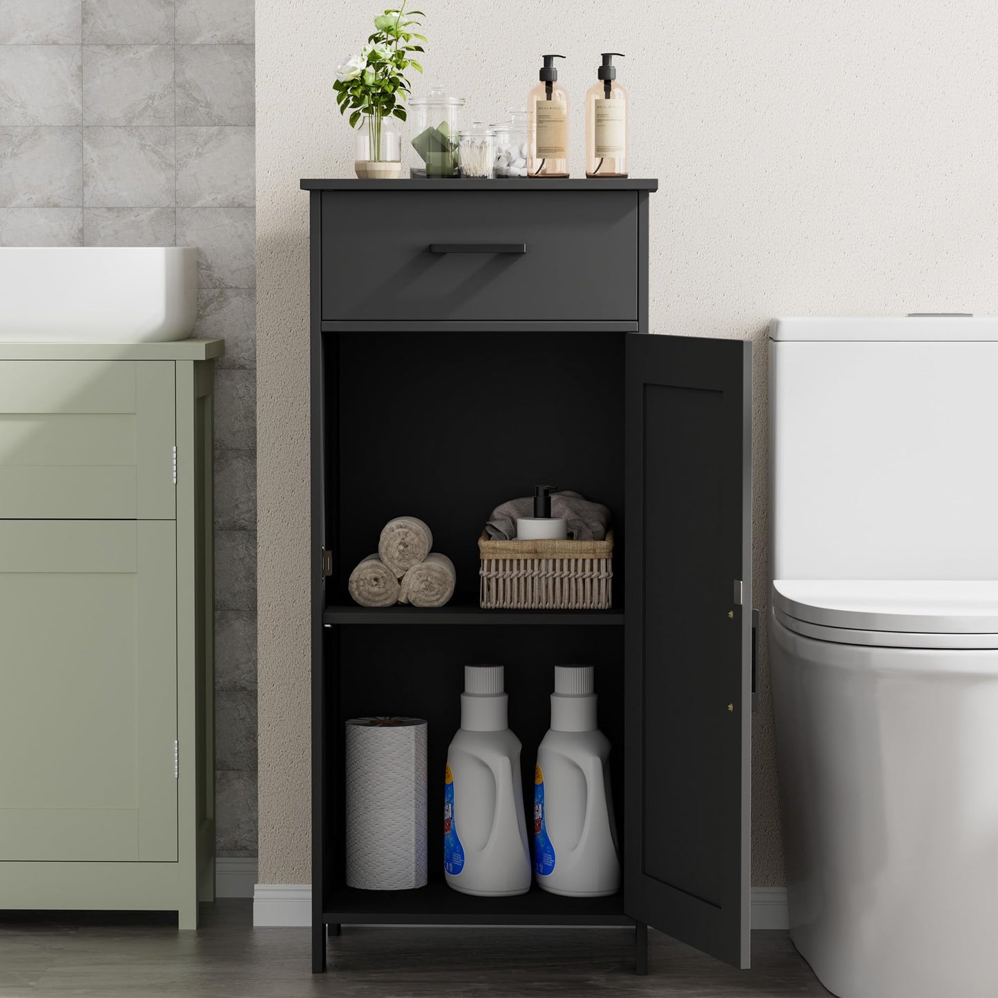 Homhedy Bathroom Storage Cabinet with Drawer, Bathroom Organizers and Storage, Adjustable Shelf, Floor Cabinet for Living Room, Entryway, Kitchen, Black, (15.7" W)