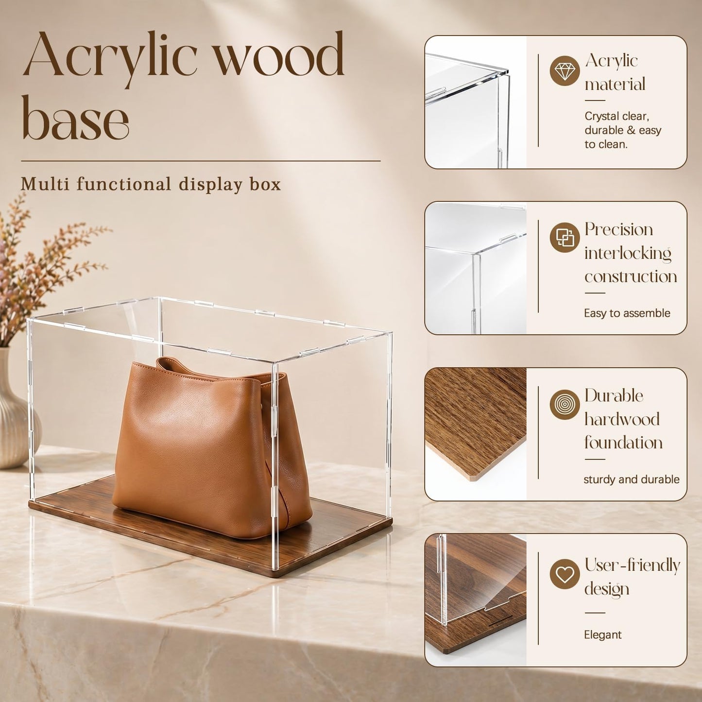 Leinuosen 4 Packs Purse Storage Organizer for Closet Clear Acrylic Handbag Display Case Solid Wood Base Stackable Handbag Storage Box Floor-standing Purse Organizer for Closet Bedroom(Retro Brown)