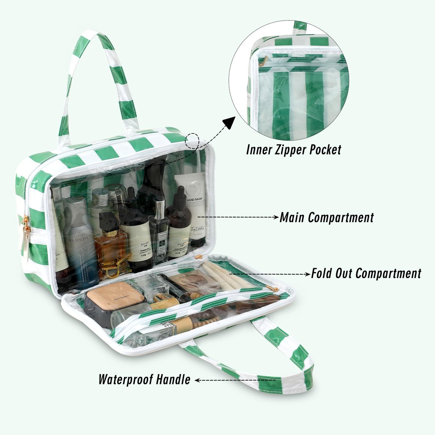 Travel Toiletry Bag for Women, Waterproof Clear Coated Portable Stripe Makeup Cosmetic Bag with Compartment, Travel Organizer for Shampoo, Conditioner, Brushes Set,Cosmetic Accessories(White-Green)