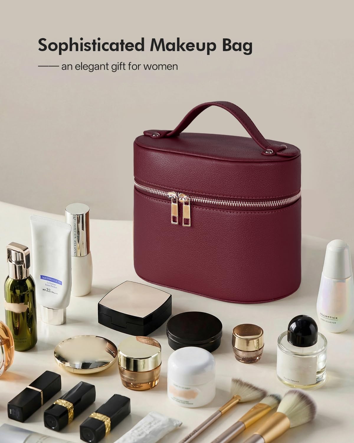 Prite 2 Pcs Makeup Bag Set Travel Cosmetic Case with Waterproof Clear Toiletry Pouch and Removable Divider, Vegan Leather Organizer for Women