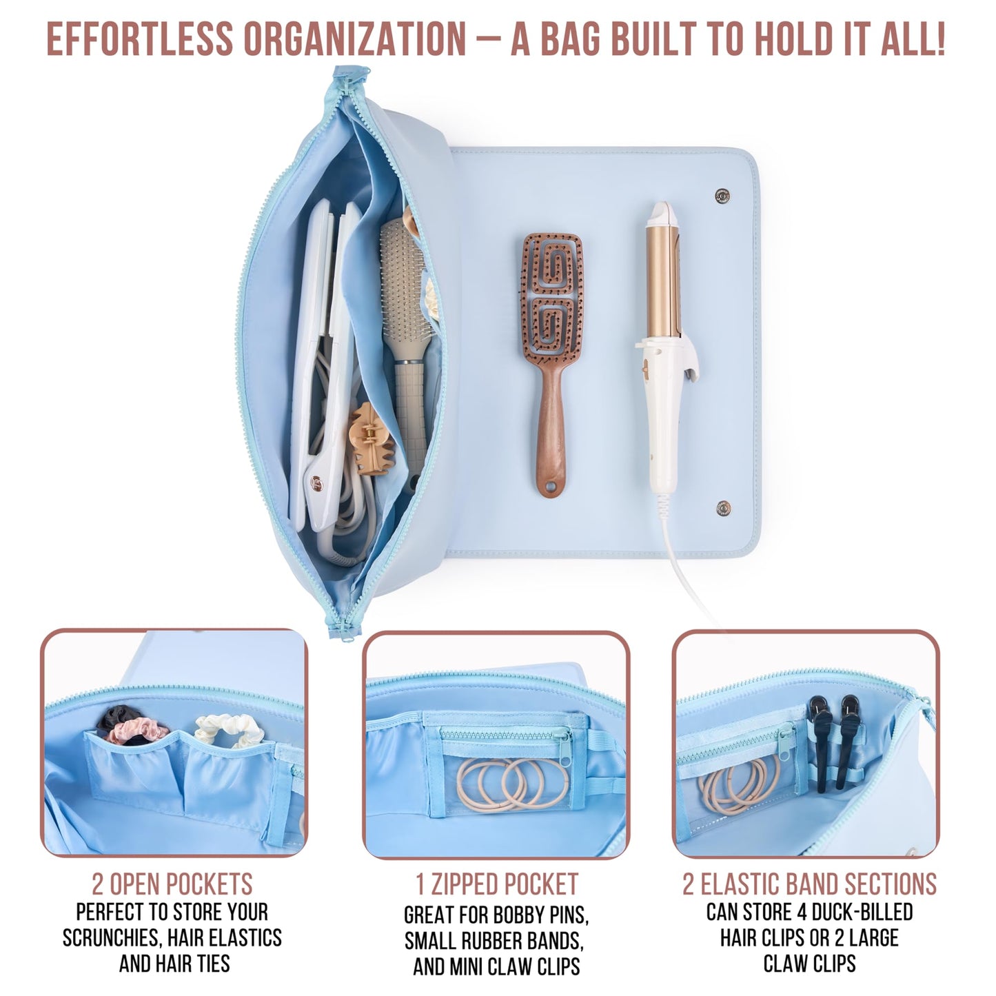 BAREFOOT CARIBOU Hair Tools Travel Bag and Heat Resistant Mat (15.5") for Flat Irons, Straighteners, Curling Iron, and Haircare Accessories, 2-in-1 design, with Interior Pockets, Organizer (Baby Blue)