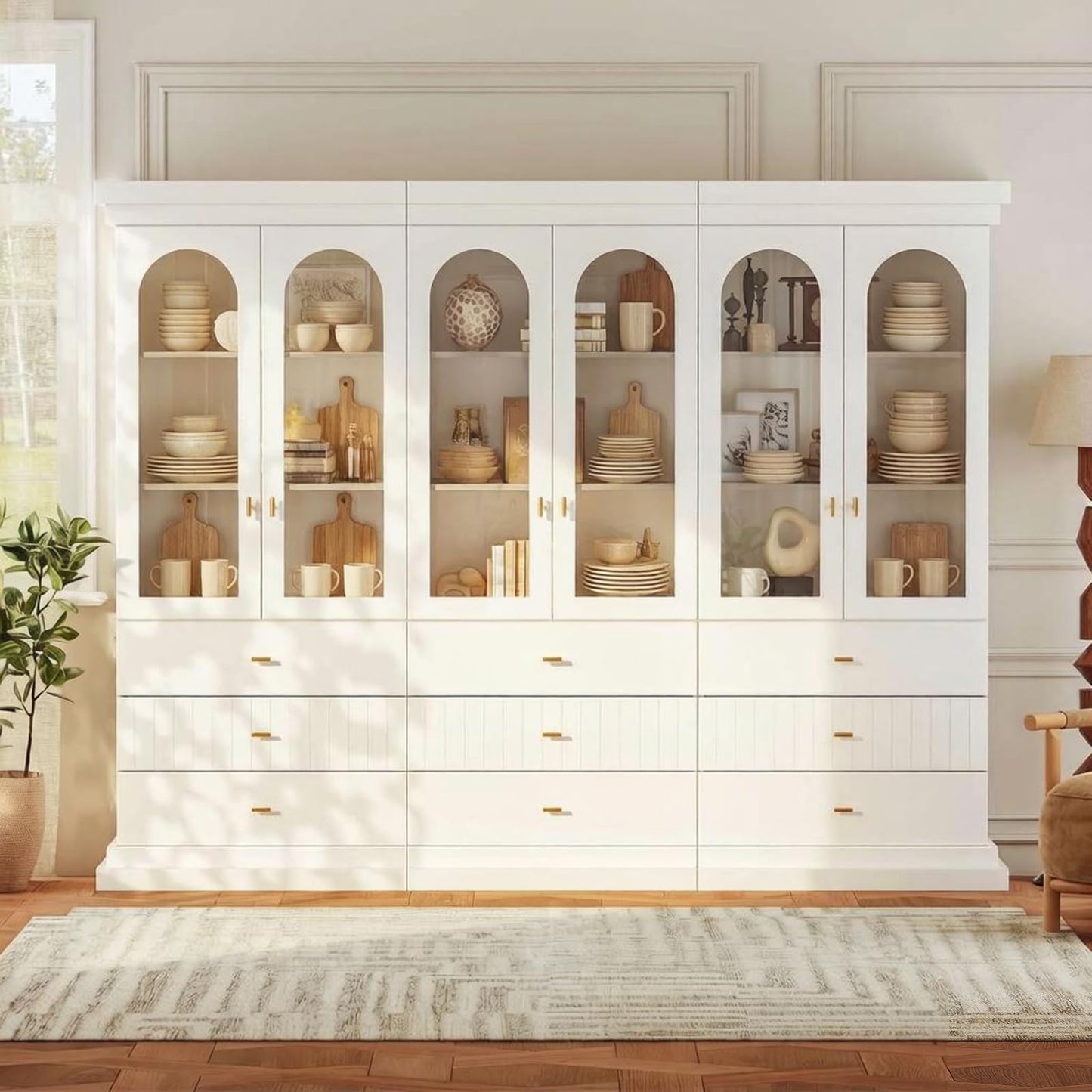 Myricore 71" Arched Kitchen Cabinet, Glass Door Display and Tall Storage Cabinets with Drawers, Modern Pantry for Dining Room, Living Room, White with Gold Handles, 3 of Set