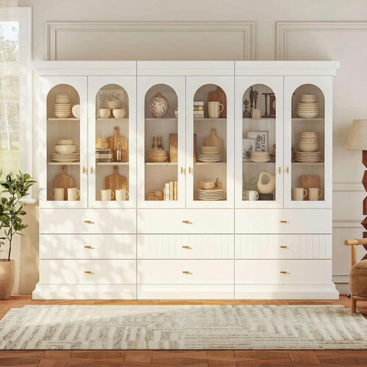 Myricore 71" Arched Kitchen Cabinet, Glass Door Display and Tall Storage Cabinets with Drawers, Modern Pantry for Dining Room, Living Room, White with Gold Handles, 3 of Set