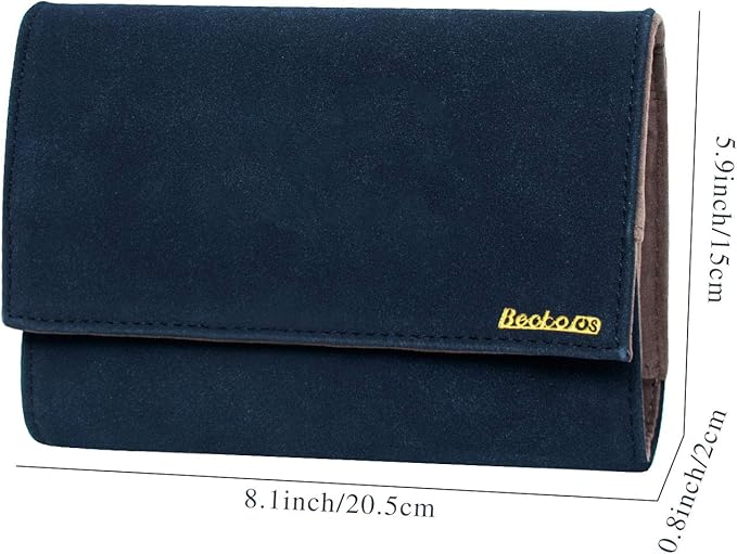 Becko US Jewelry Organizer Roll Travel Jewel Bag case for Multiple Necklaces, Rings, Bracelets, Supple Leather & Suede, Large Capacity Without Crease, Lightweight, Portable & Practical (Dark Blue)