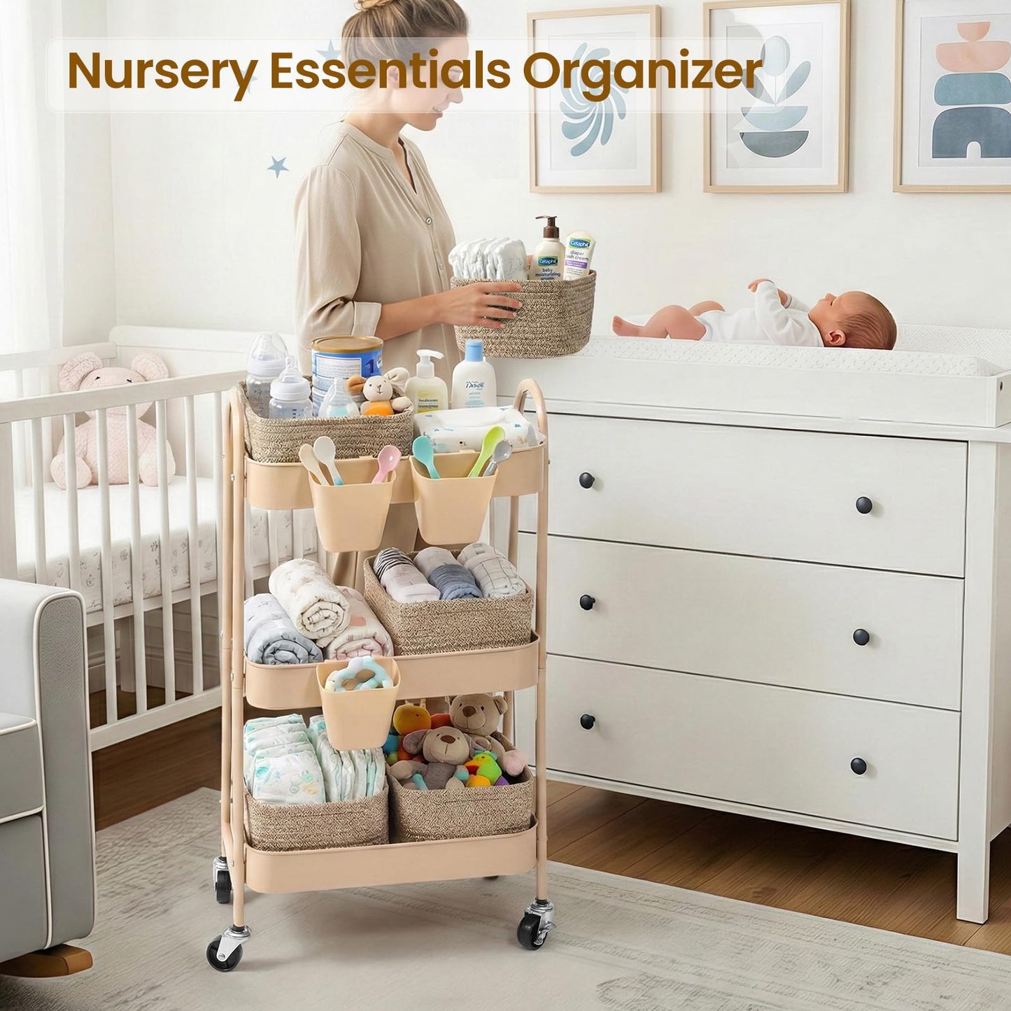 3-Tier Rolling Utility Cart with 4 Woven Baskets, Diaper Book Snack Cart, Storage Organizer for Nursery, Kitchen, Craft Room, Home SPA, Living Room, Metal Frame Trolley on Lockable Wheels, Brown