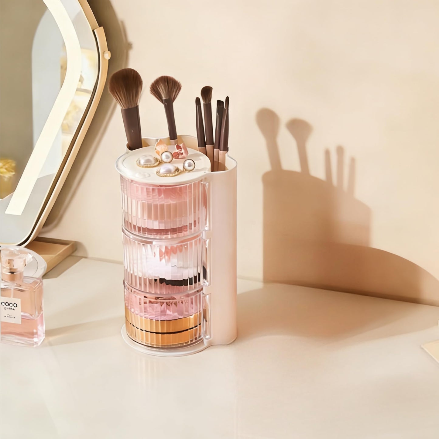 Hair Accessories Organizer with Hair Brush Holder, Rotatable Makeup Brush Holder for Necklaces, Earring, Bracelet, Ring, Makeup Brushes, Hair Clip and Hair Accessories (Stripe White, 3-Layer)