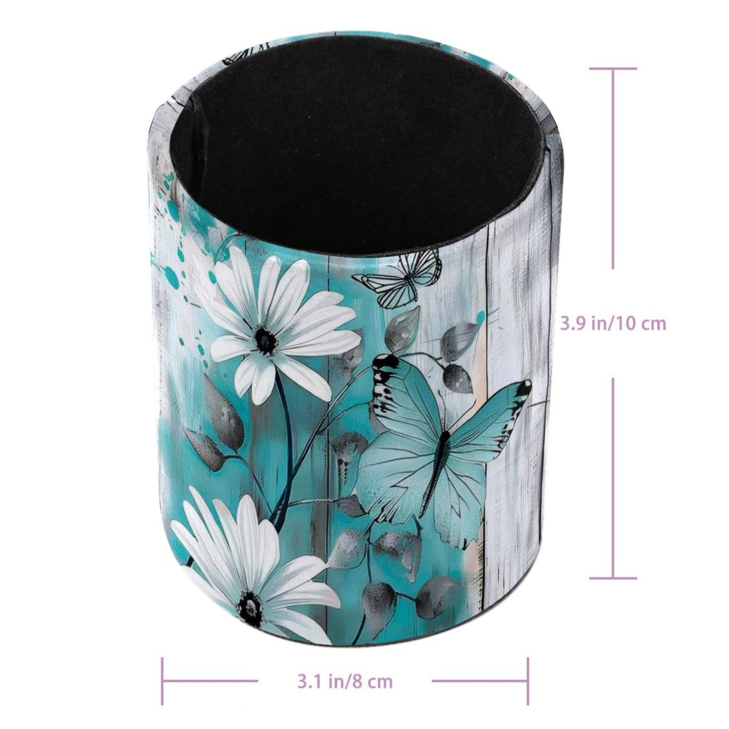 KikandKo Pencil Holder for Desk, Daisy Butterfly on Rustic Teal Plank Pen Cup Makeup Brush Holder, Leather Desktop Organizer Storage Case Stationery for School Home Office Supplies