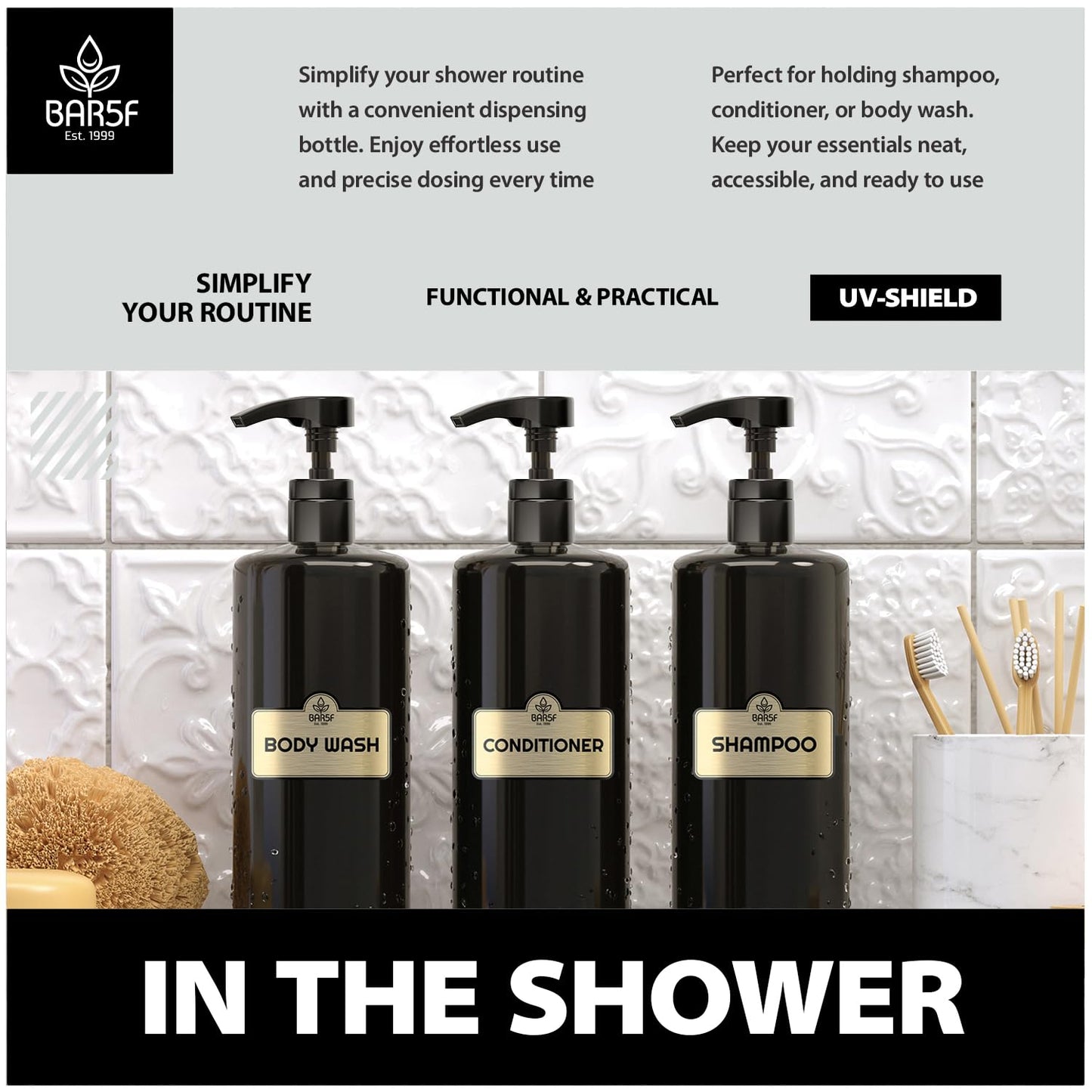 Bar5F 1-Liter BPA-Free Black Pump Bottles – Refillable PET Plastic Dispensers for Shampoo, Conditioner & Body Wash with UV Shield Gloss Finish, Heavy-Duty 3-Pack
