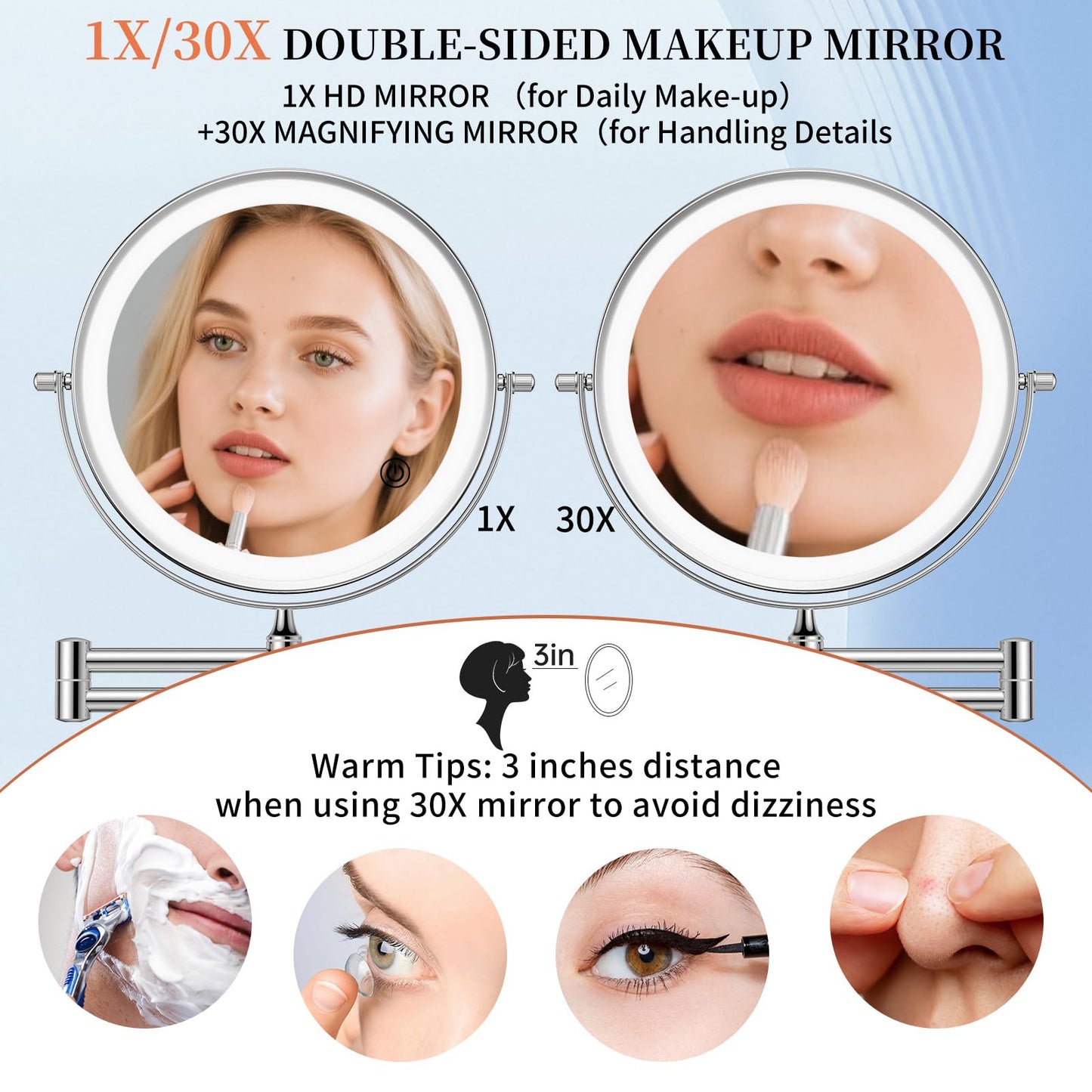 FUNTOUCH 5000mAh Rechargeable Wall Mounted Makeup Mirror with Lights, 9" Double Sided 1X/30X Magnifying Mirror with Dimmable 3 Color Light, Extended Swing Arm 360° Wall Mount Bathroom Mirror,Chrome