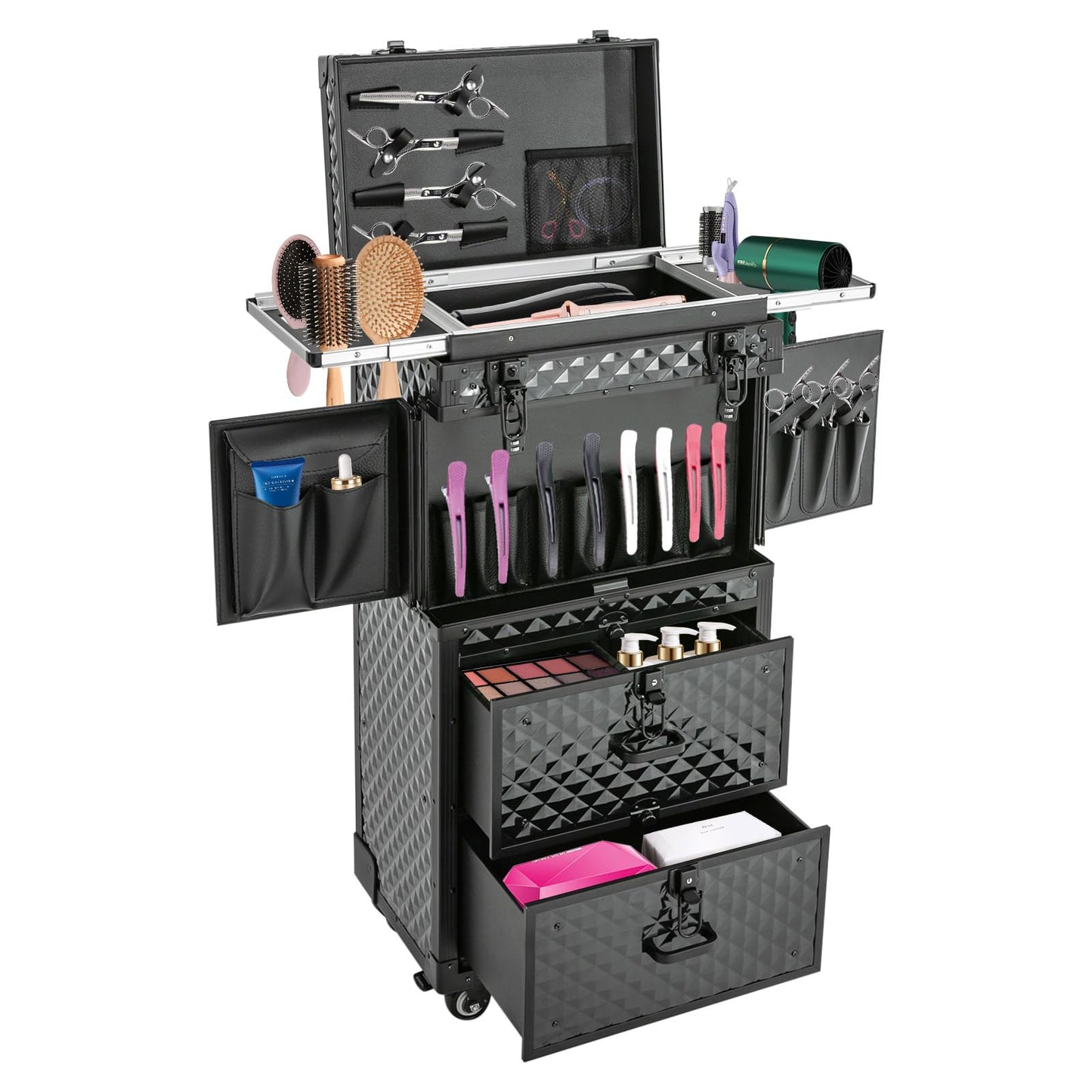 Kebayuneth Rolling Lockable Makeup Train Case, Hairdressing Travel Case with Wheels, Large Storage Cosmetic Trolley Makeup Rolling Train Case with Hairdryer Holder for Families, Barber Stores