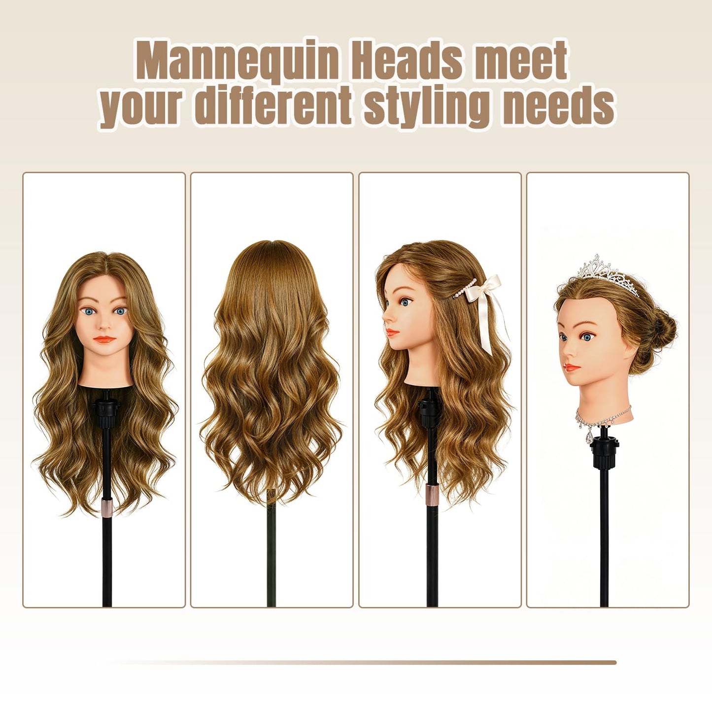 Mannequin Head with 100% Human Hair,22''Real Hair Cosmetology Mannequin Manikin Head Hair Styling Hairdressing Practice Training Doll Head Hairs with Clamp Holder and Tools(Light Brown Blue Eyes)
