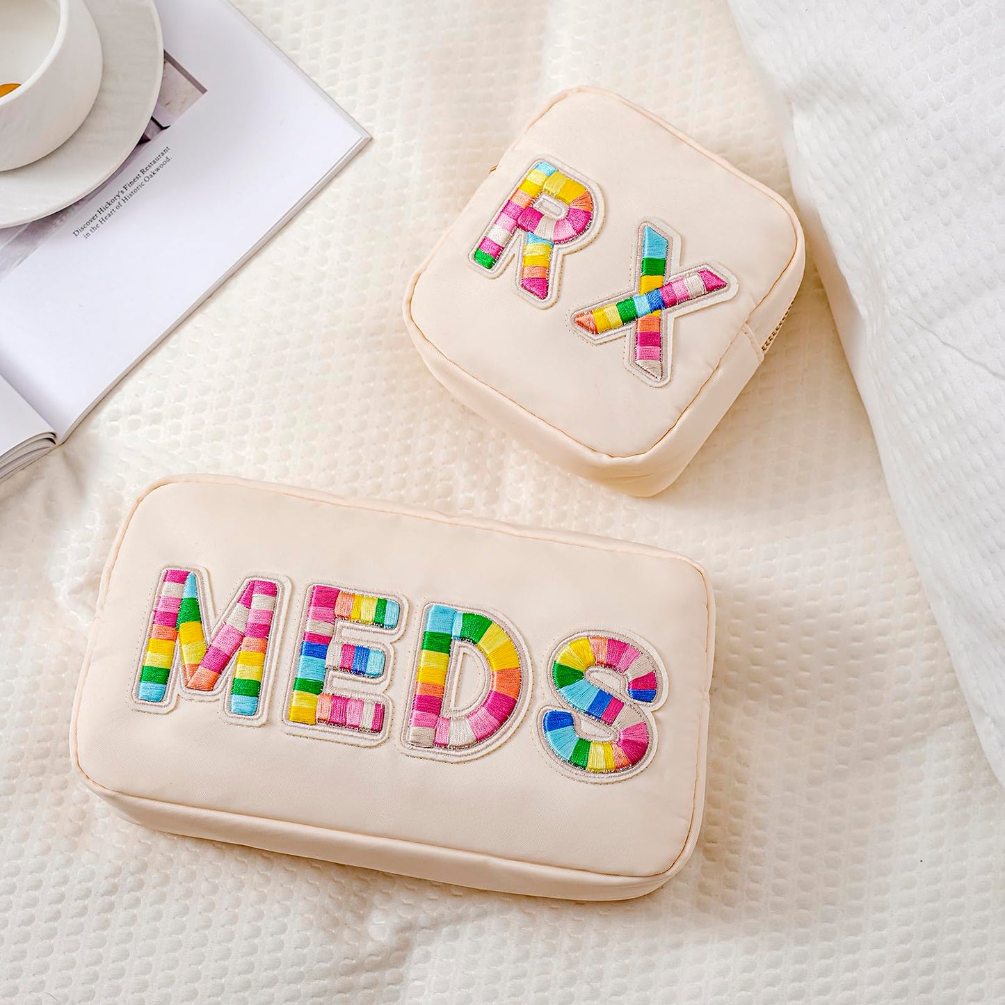 uekeboag Personalized Small Canvas Medicine Cosmetic Bag, Cute Plaid Pattern Chenille Letter Patch RX Drug Pouch with Zipper, Makeup Travel Gift Bag for Women and Girls (11Beige Canvas)