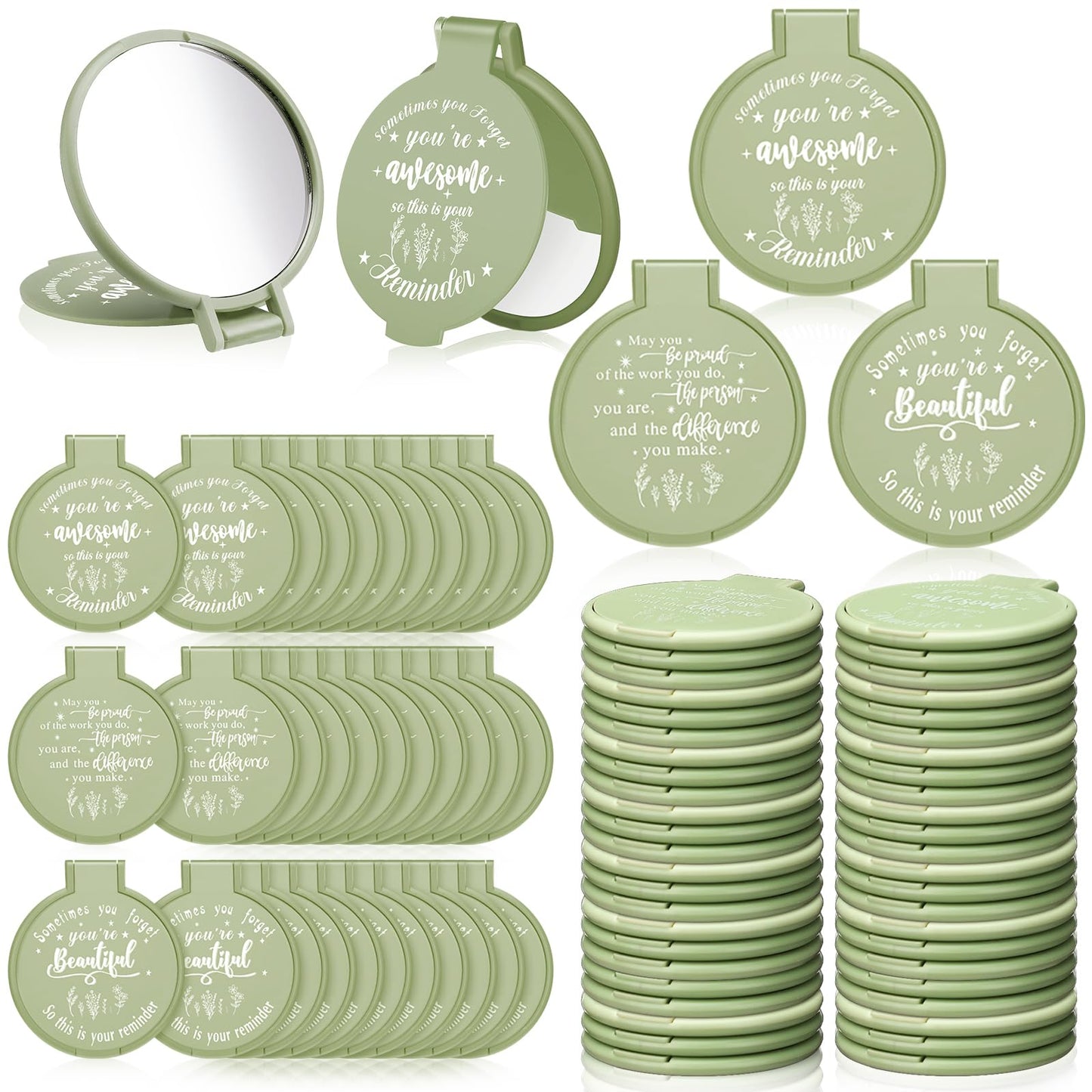 Wenqik 100 Pcs Inspirational Mini Compact Mirrors Bulk, Women Small Gifts Bulk, Group Team Party Favors, Mini Pocket Purse Mirror for Travel, Client, Guest, Wedding, Birthday, Cheerleader (Sage Green)