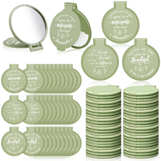 Wenqik 100 Pcs Inspirational Mini Compact Mirrors Bulk, Women Small Gifts Bulk, Group Team Party Favors, Mini Pocket Purse Mirror for Travel, Client, Guest, Wedding, Birthday, Cheerleader (Sage Green)