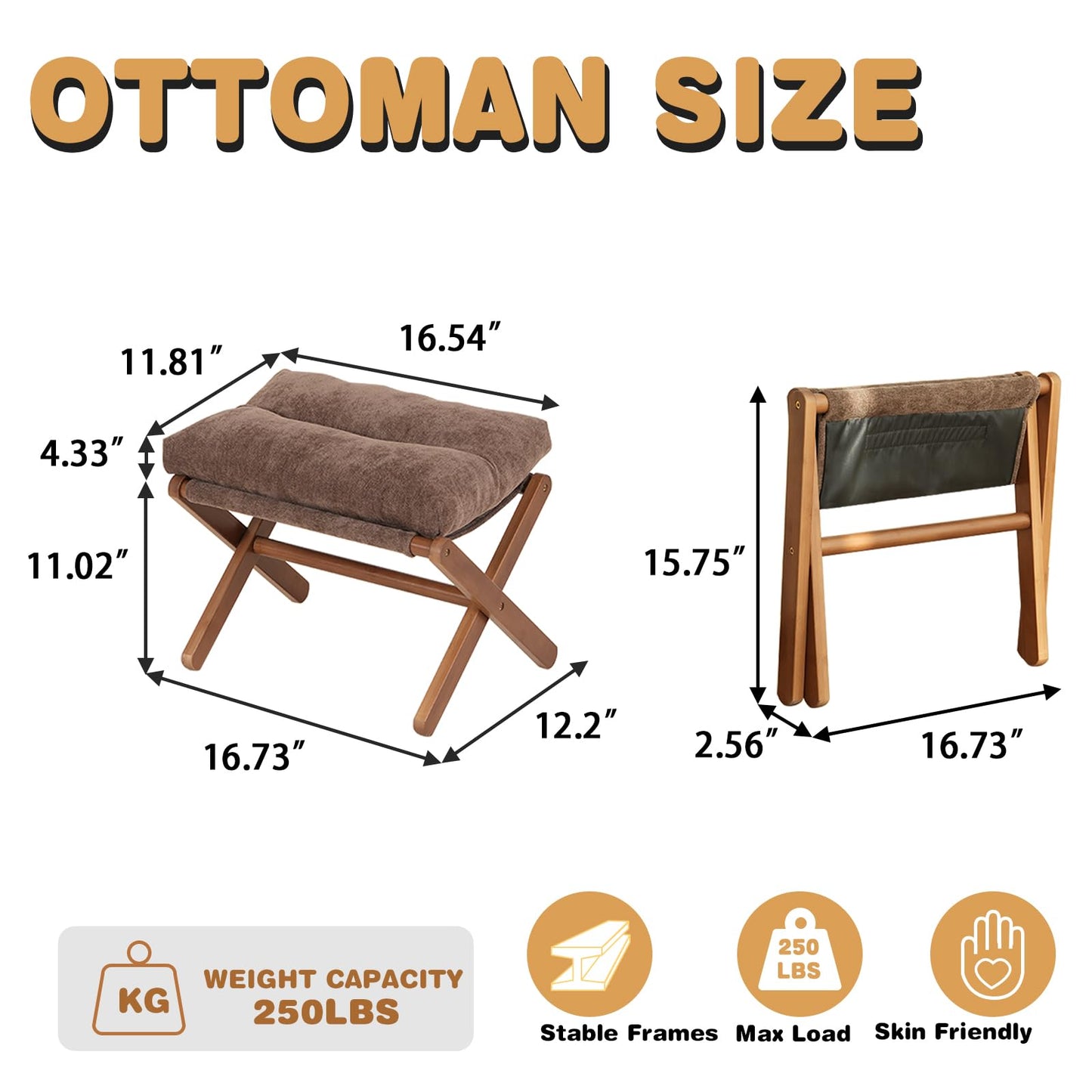 Baveke Ottoman Foot Rest- Bamboo Foldable Stool, Foot Stools Small Ottman with Upholstered & X Legs, Folding Stool for Makeup, Bedroom and Living Room, FSC-Certified (Small Brown)