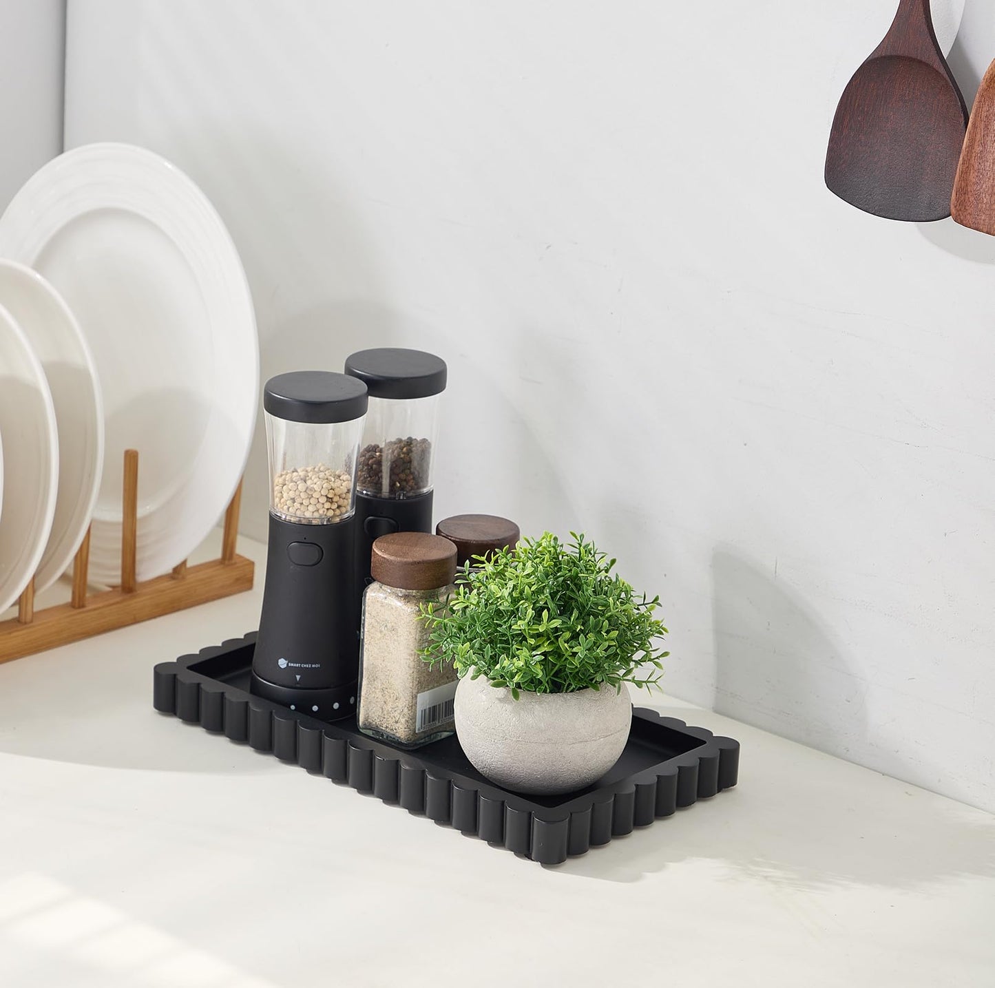 Scalloped Bathroom Vanity Tray for Countertop- Small Concrete Modern Industrial Minimalist Counter Vanity Organizer Tray for Dresser- Decorative Tray-11.8"L x 6.37"W x 1"H- Charcoal Black- Water-proof