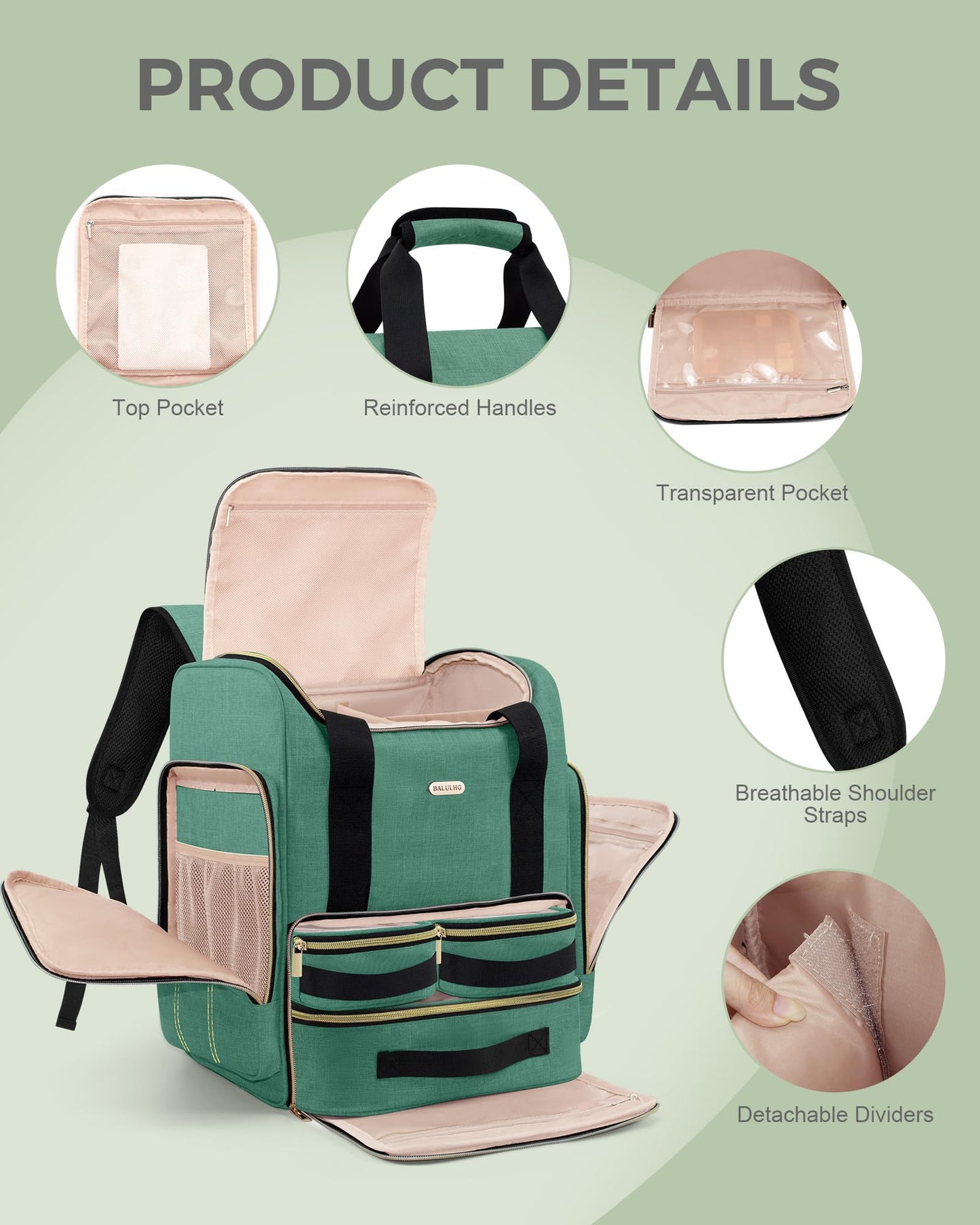 BALULHG Large Portable Travel Makeup Bag with 3 Removable Transparent Case, Dual-Shoulder Multi-Functional Cosmetic Bag,Double Layer Big Capacity Makeup Bag Backpack, Patent Pending