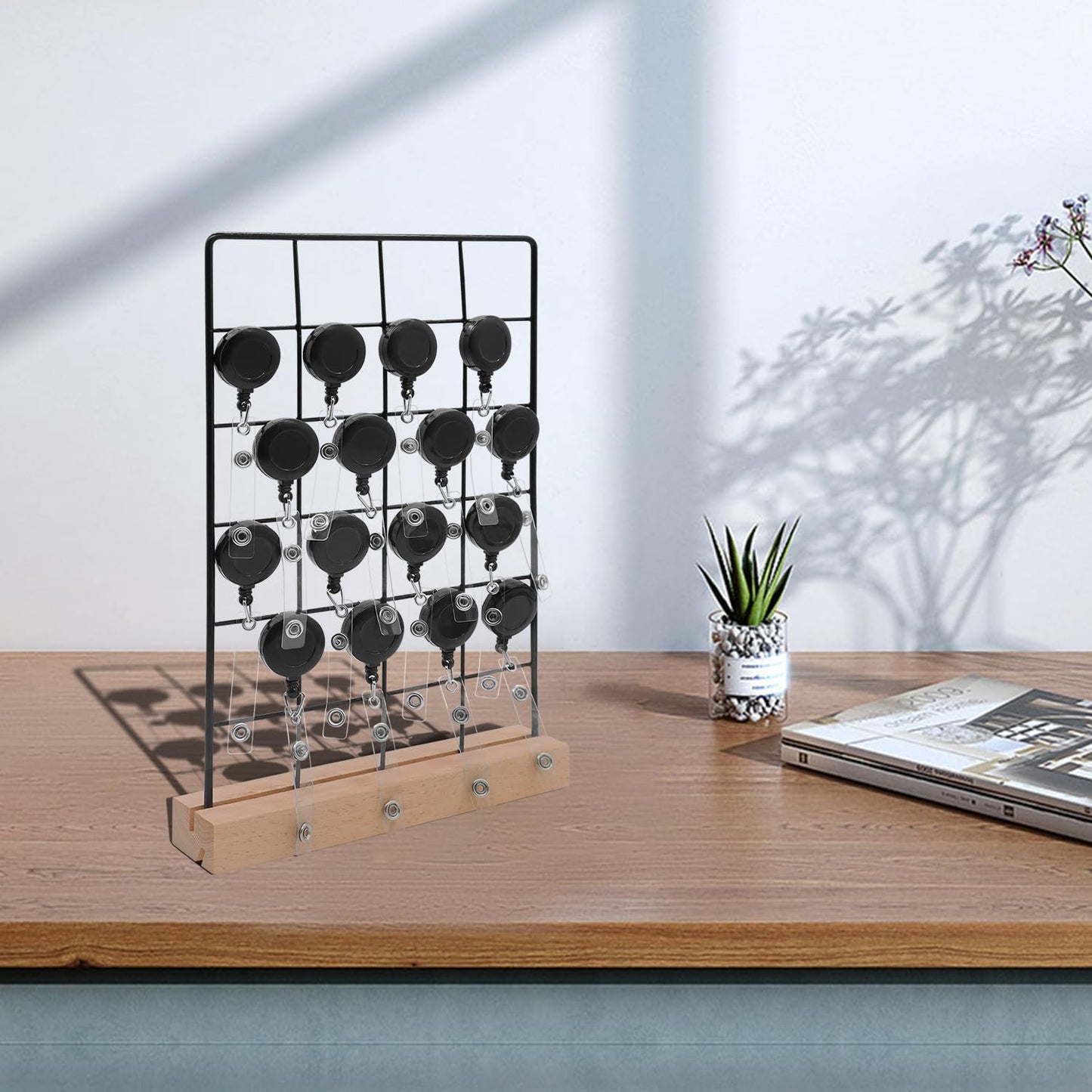 Badge Reel Display Stand, Keychain Display Stand lron Grid with Wooden Base for Hanging 12 Badge Rolls, 11.8in x 7.87in, Durable Storage Rack for Home or Store Use (1)