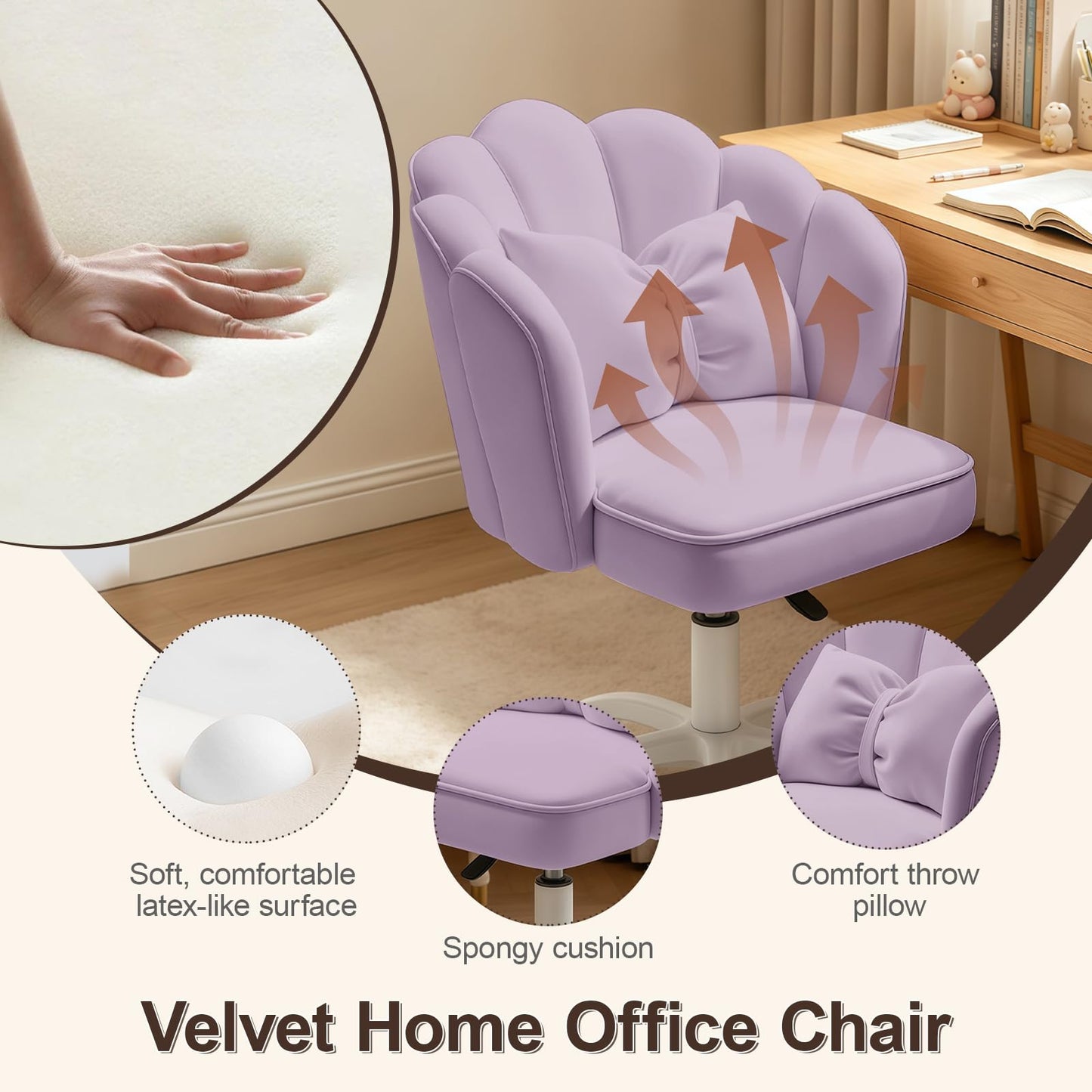 XUEGW Petal Desk Chair with Bow Cushion Velvet Vanity Chair with Wheels, Upholstered Home Office Chair for Girls Women, Mid-Back Swivel Computer Task Chairs for Living Room Bedroom