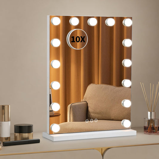Lintterty Makeup Mirror with Light, Vanity Mirror with 15 Dimmable LED Bulbs, 3 Color Lighting Modes, 10X Magnification, Touch Control, USB Charging Port, White Metal Frame