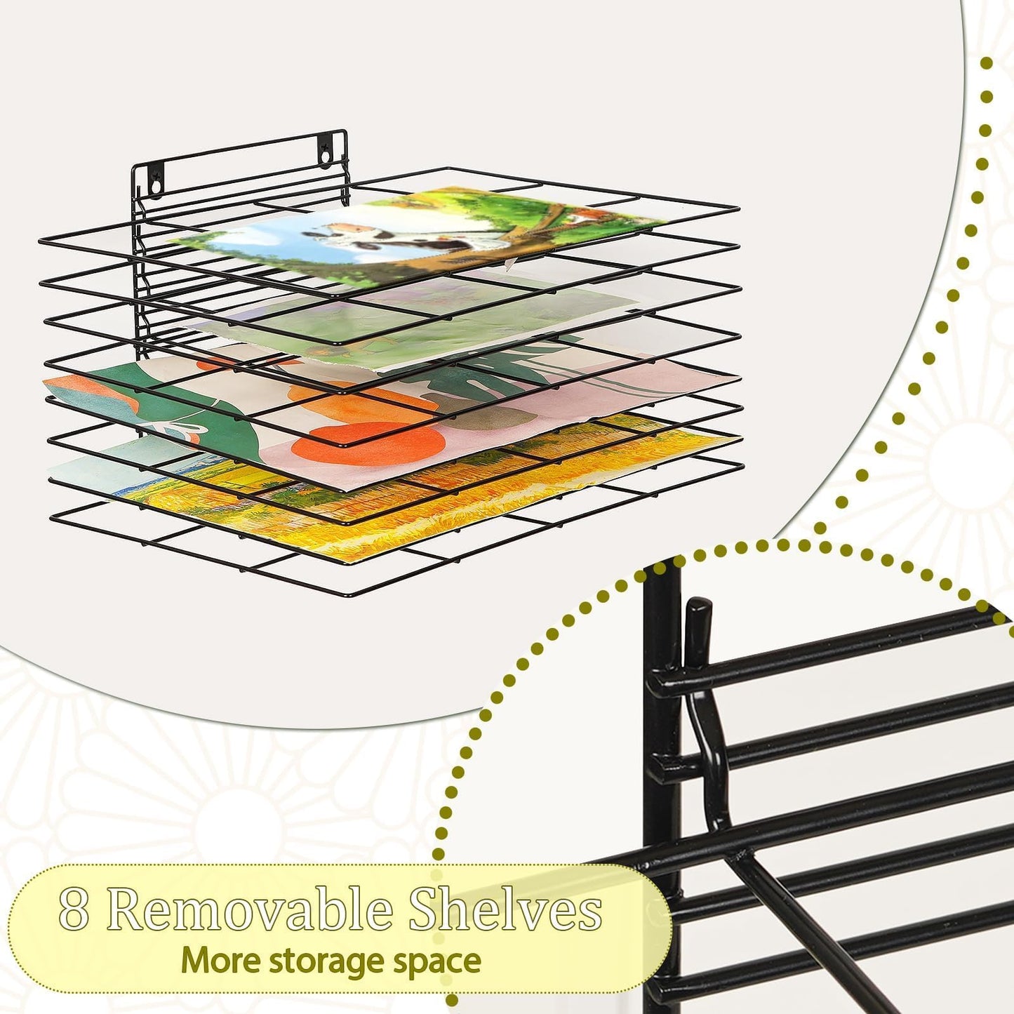 Lzttyee Art Drying Rack for Classroom Paint Drying Rack Small Art Drying Rack Wall Art Storage Rack with 8 Removable Shelves for Classrooms and Art Studios (Black, 8 Shelves)