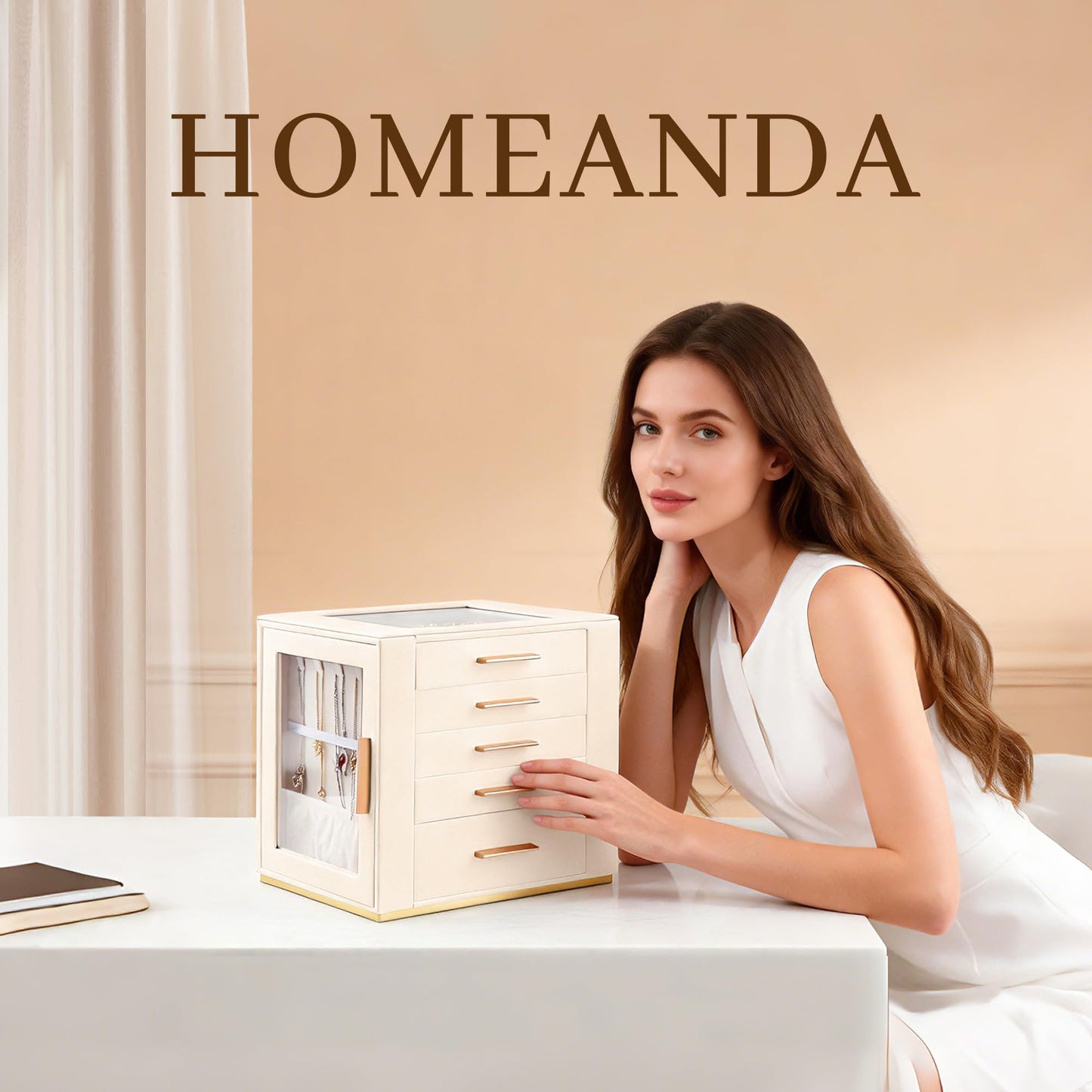 Homeanda 5-Layer Jewelry Box for Women, Glass Lid Jewelry Organizer and Storage with 5 Drawers for Necklaces, Rings, Earrings, Bracelets, Gift for Girls and Teens,PU Leather (Beige)