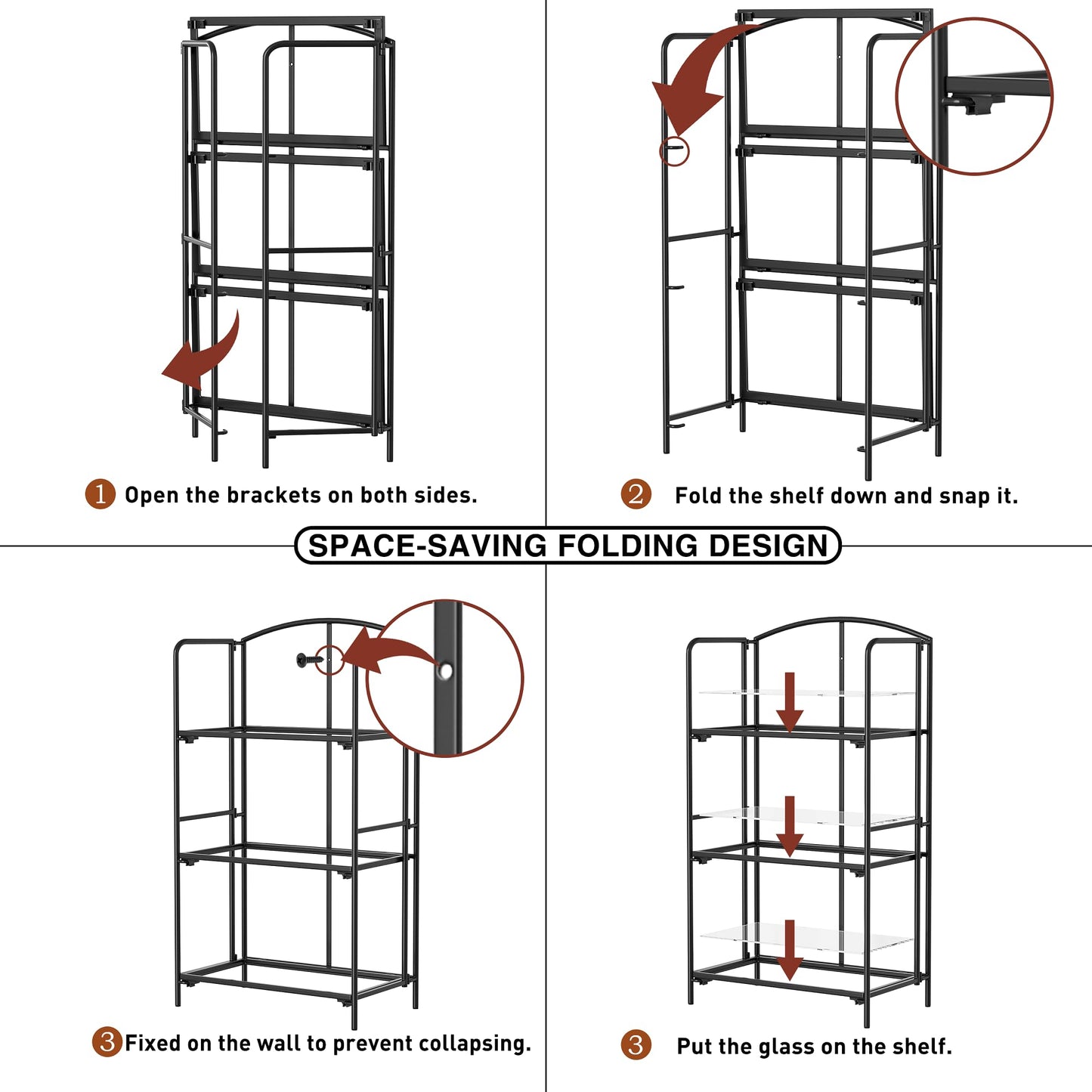 Crofy 3-Tier Foldable Bookshelf, Black Frame & Transparent Shelves