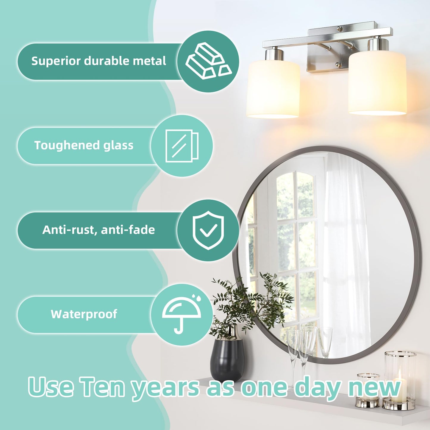 SILAMPDI Bathroom Lighting Fixtures Over Mirror Brushed Nickel, Modern 2-Light Vanity Lights Fixtures, Wall Sconces Light for Bedroom, Hallway, Milky White Glass Shades, E26 Base, Bulbs Not Included