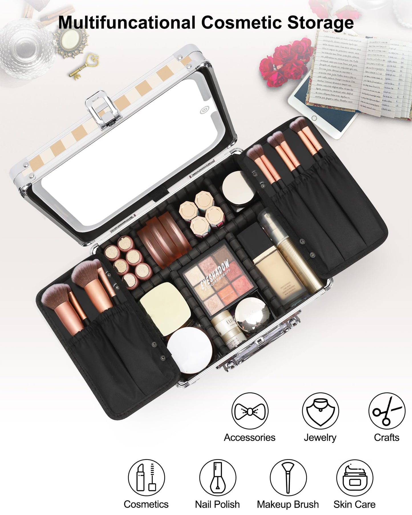 Relavel Makeup Bag with LED Mirror, Makeup Box Travel Train Case with Lighted Mirror & Adjustable Dividers, Cosmetic Brush Organizer Storage for Makeup Artists Gifts for Women and Girls (Plaid, Small)