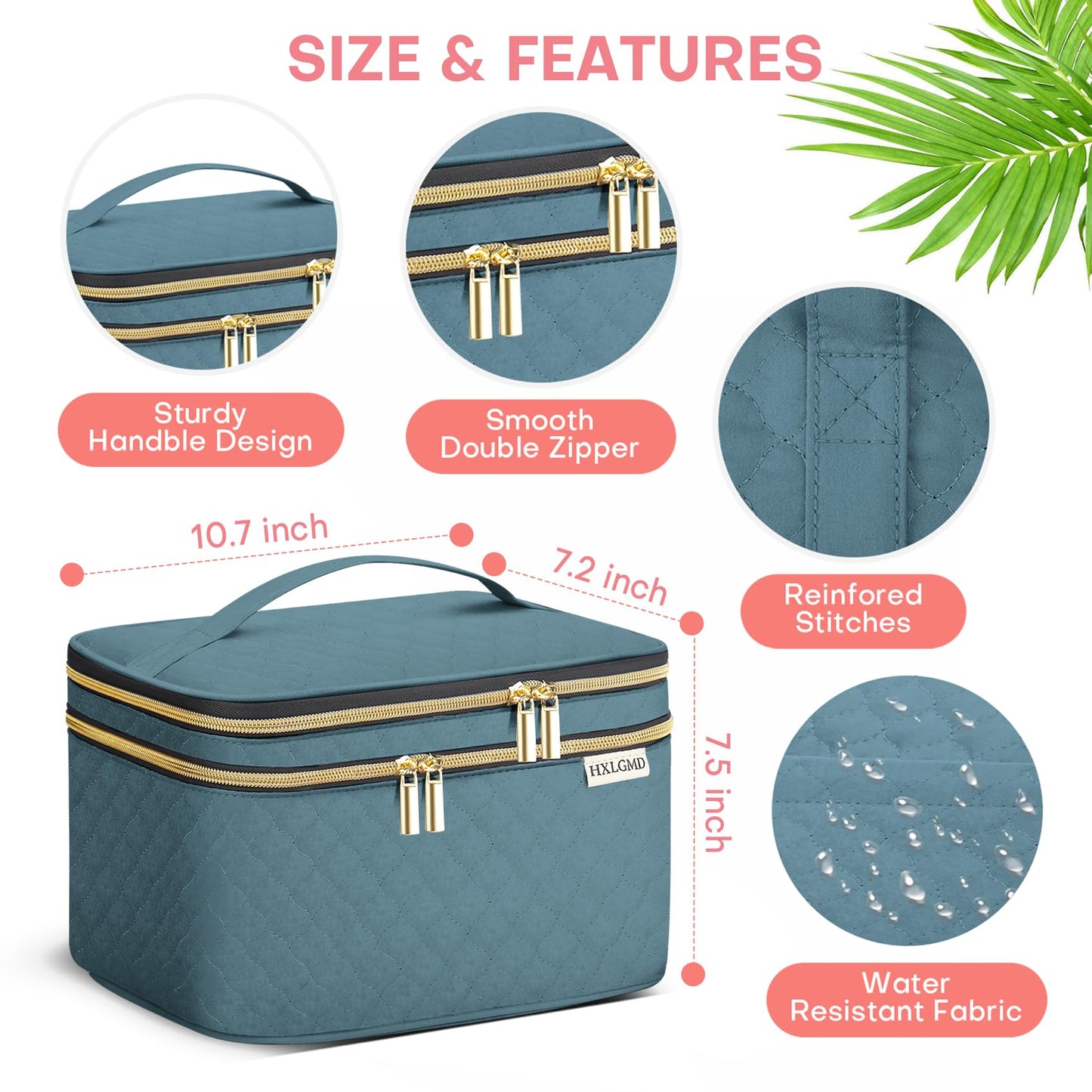 HXLGMD Large Makeup Bag with Mirror Double Layer Travel Make Up Organizer Case, Large Capacity Coemetic with Brush Slot Divider, Travel Toiletry Bag for Women (Lake Blue)