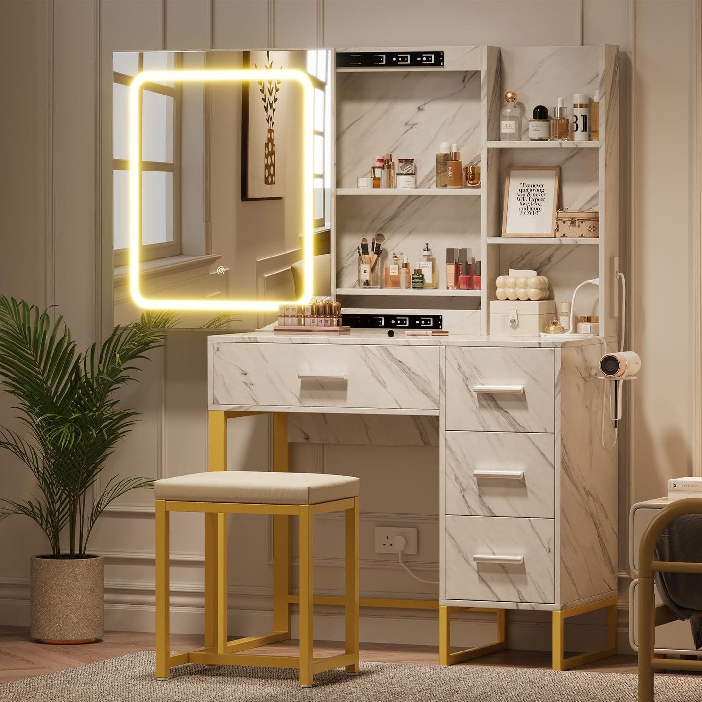 Marble White Makeup Vanity Desk with Lighted Mirror, 3 Color Modes & Power Outlets, 4 Drawers and 5 Shelves Dressing Table with Cushioned Stool, Modern Vanity Set for Women, Bedroom & Bathroom