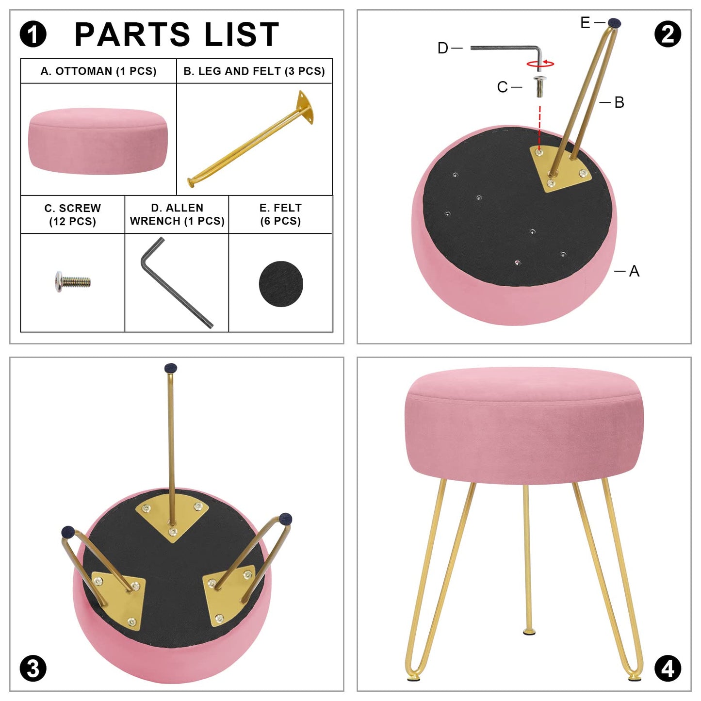 GERANT Multifunctional Vanity Stools - Velvet Round Ottoman Modern Dressing Stool -Upholstered Footrest Stool - Side Table Footstool with Golden Metal Leg for Living Room, Bedroom (Pink)