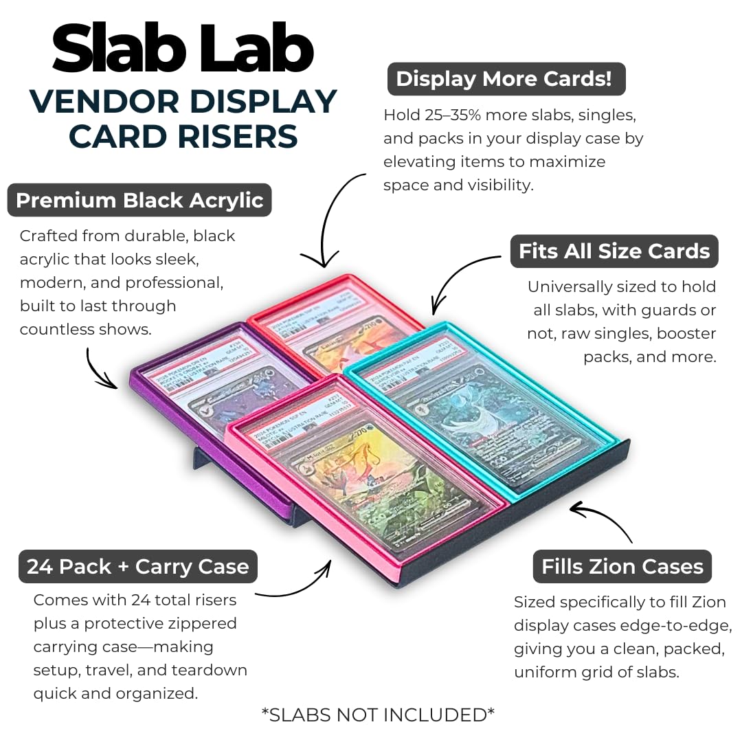 24 Modular Card Risers for Display Cases | Black Acrylic Cardshow Vendor Showcase Stands for Graded Trading Cards and Singles