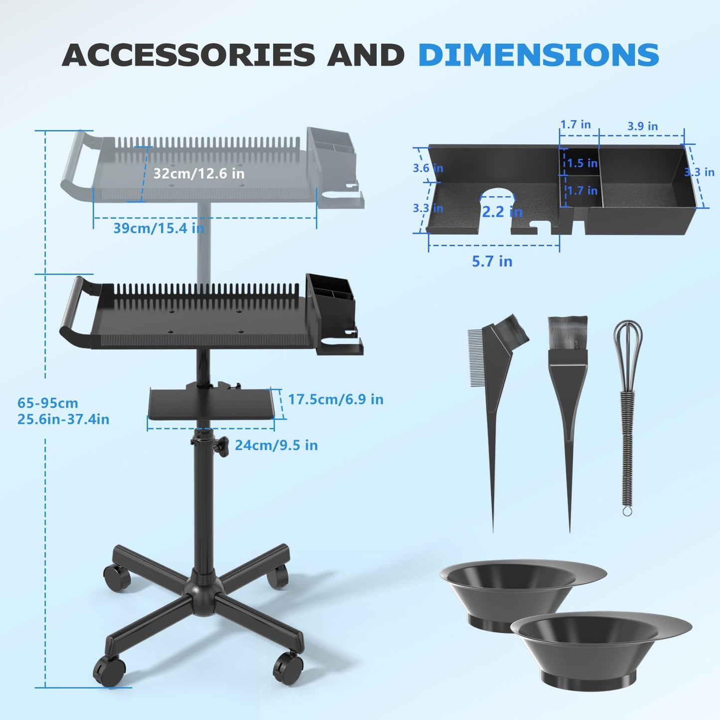 Hairstylist Tray on Wheels, Rolling Salon Tray with Holder and Hair Separator Stand, Salon Trolley Adjustable Tray with Storage Platform Dye Bowls and Tools for Hair Stylist