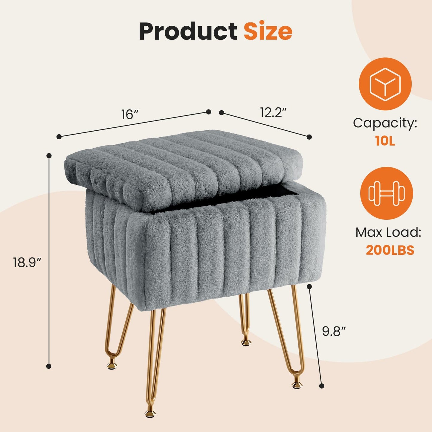 Sweetcrispy Vanity Stool Chair with Storage, 18.9”H x 16”L x 12.2”W Ottoman Chair Faux Fur Soft Padded Makeup Footstools Seat with 4 Metal Legs Anti-Slip Adjustable Feet for Make Up, Grey