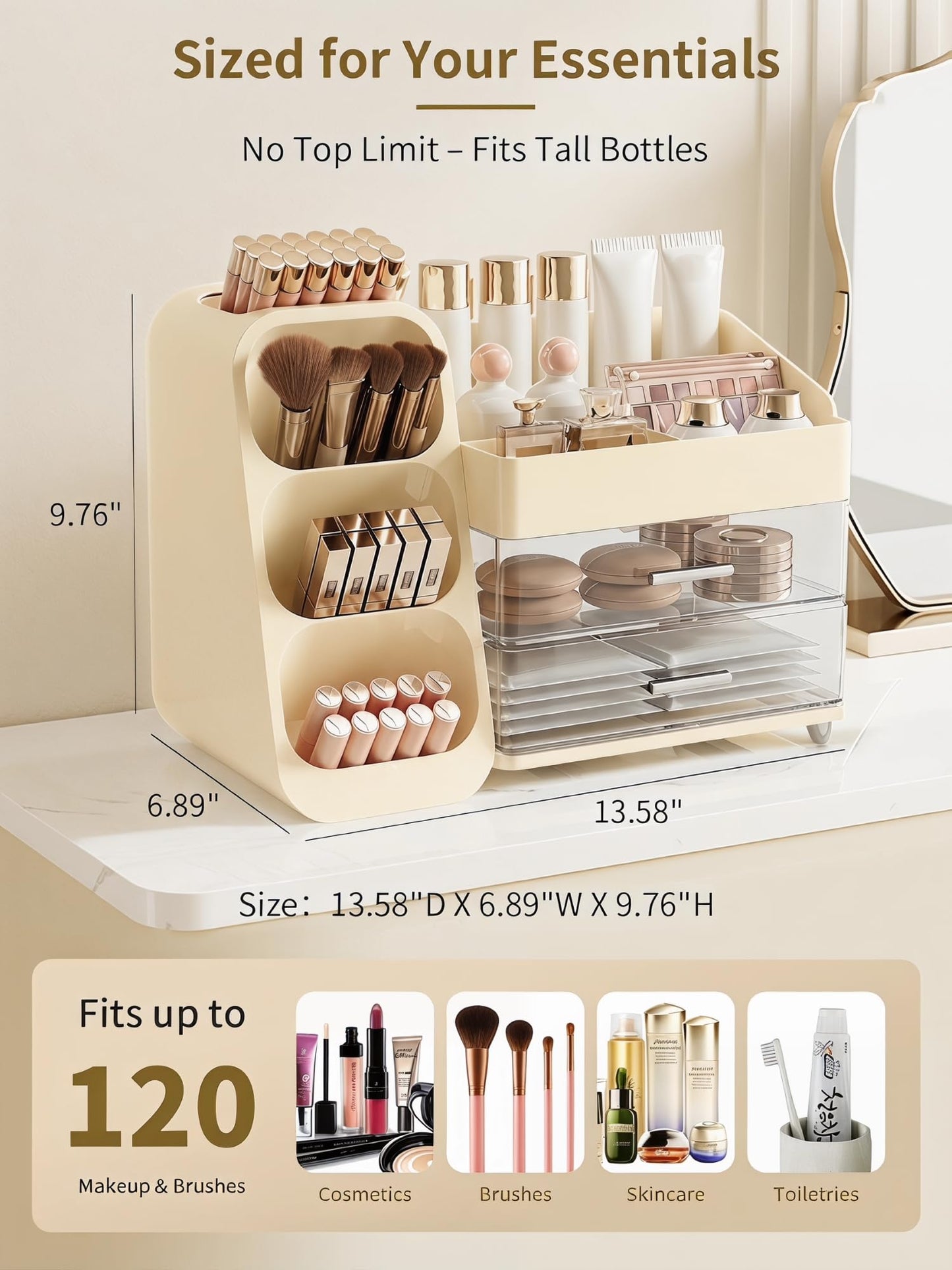 Booklov Makeup Organizer for Vanity, Large Capacity Cosmetic Display Case with Clear Acrylic Drawer, Countertop Beauty Storage Holder for Skincare, Brush Eyeshadow Lipstick Counter Desk, Crystal Cream