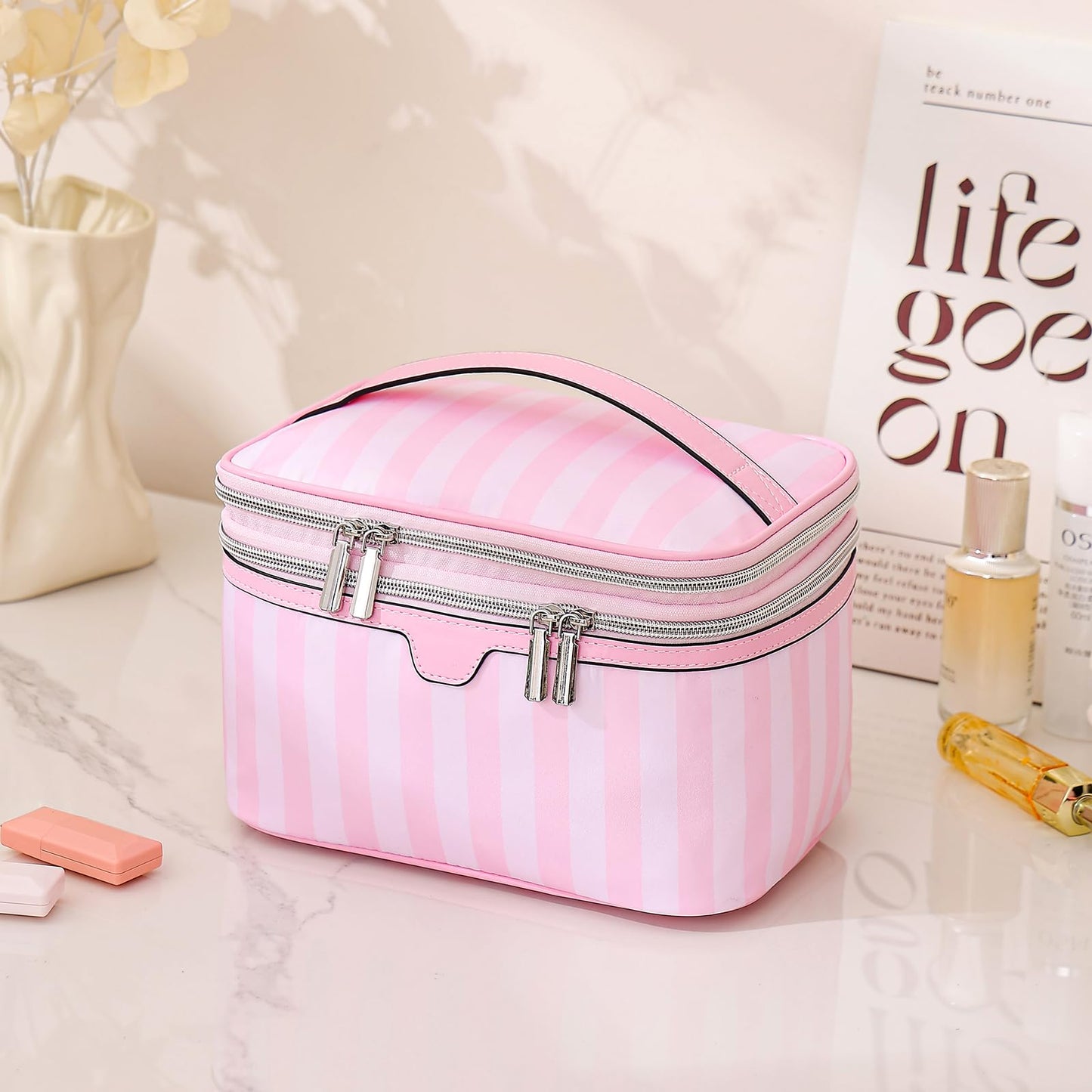 RSRSLEII Large Waterproof Double Layer Travel Makeup Bag, Aesthetic Nylon Striped Cosmetic Case，Coquette Traveling Toiletry Bag With Handle，Ideal for Women and Girls(01Top Open)