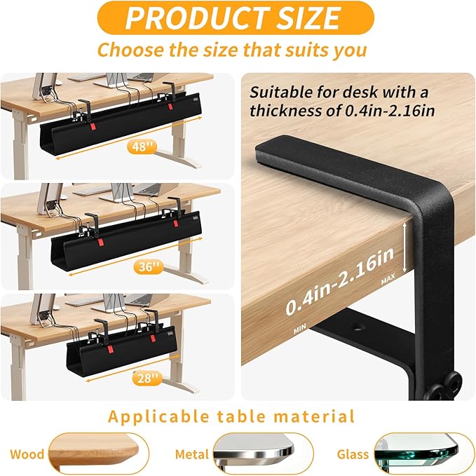 Under Desk Cable Management Tray, No Drill Desk Cord Organizer with Clamp, 36" Fabric Cable Management for Standing Desk Office & Home, Black