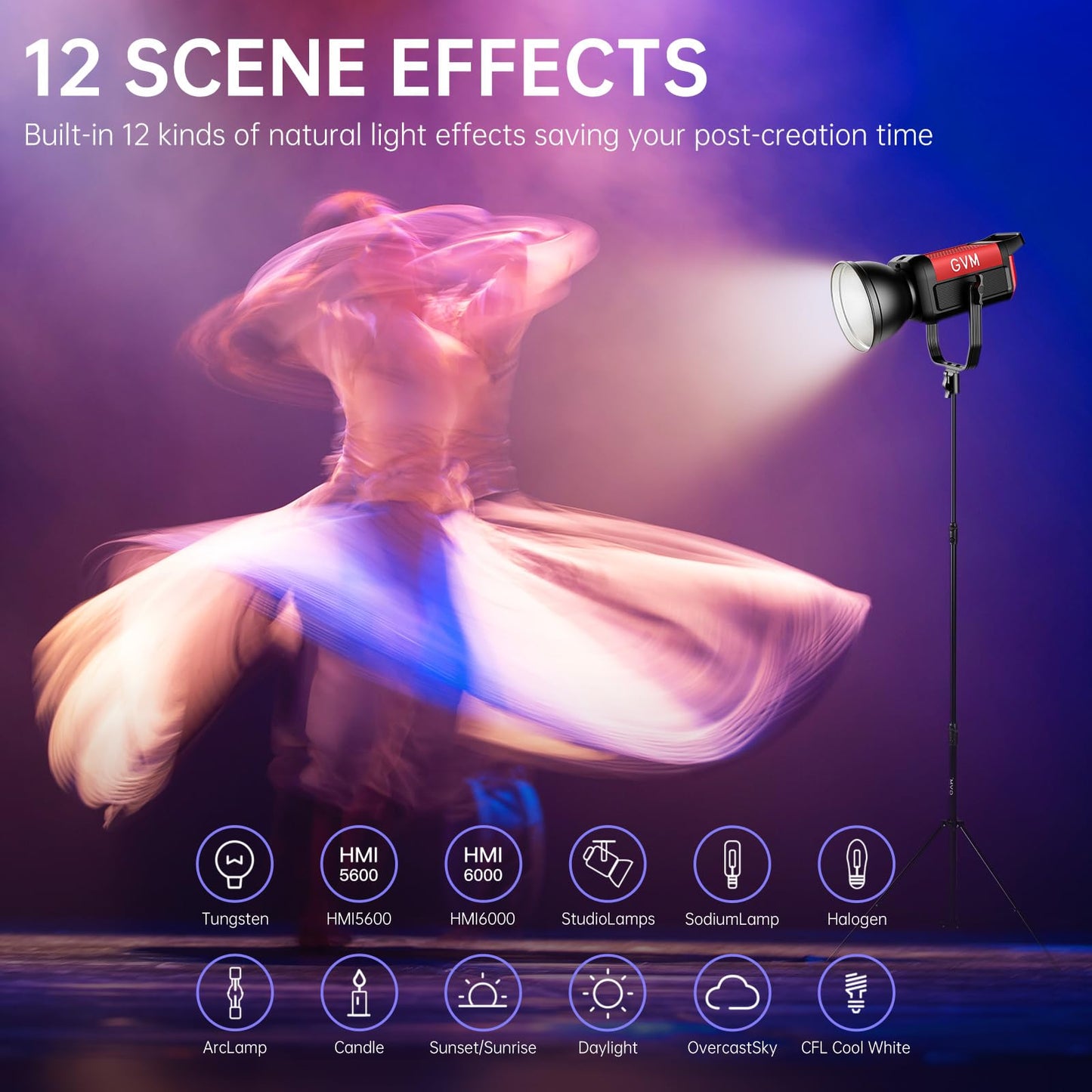 GVM 300C RGB Video Light, 300W Studio Light 2000K-10000K,48,200 Lux@ 1m with Reflector Photography Lighting with Bowens Mount & DMX Control, Studio Light for Film Recording,16 Lighting Effects