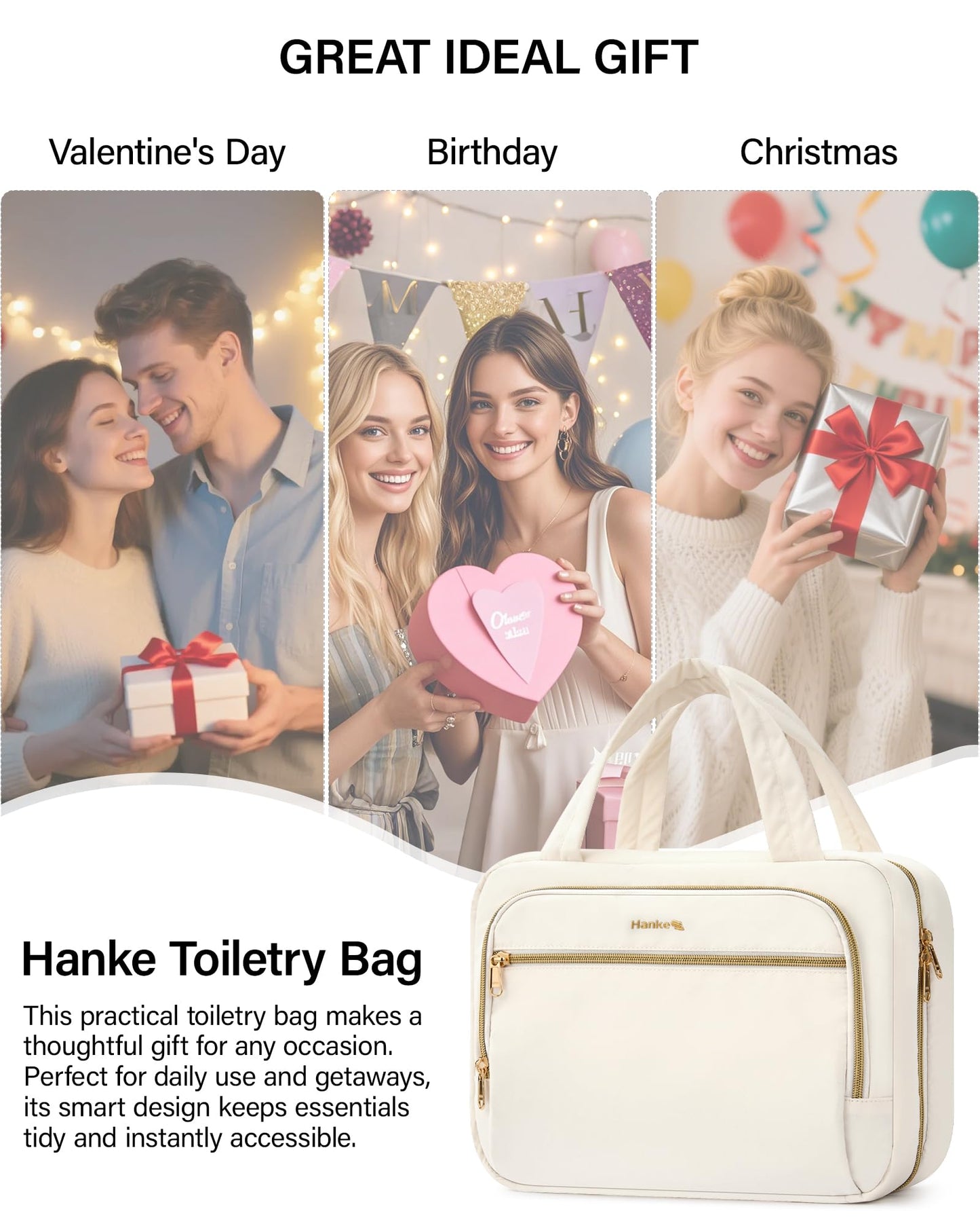 Hanke Hanging Travel Toiletry Bag for Women, Water-Resistant Makeup Organizer with Hook, Cosmetic Bag for Bathroom & Travel Essentials Accessories, Off White